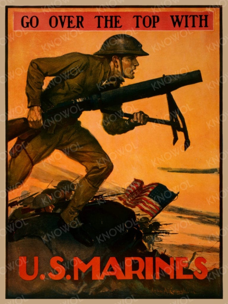 This recruitment poster for the Marines was created in 1918 by John A. Couglin, a popular pulp artist of the early 20th