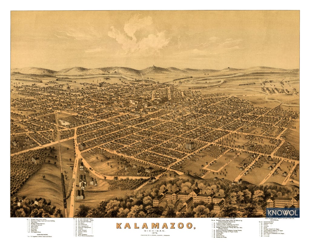 Restored map of Kalamazoo, Michigan in 1874