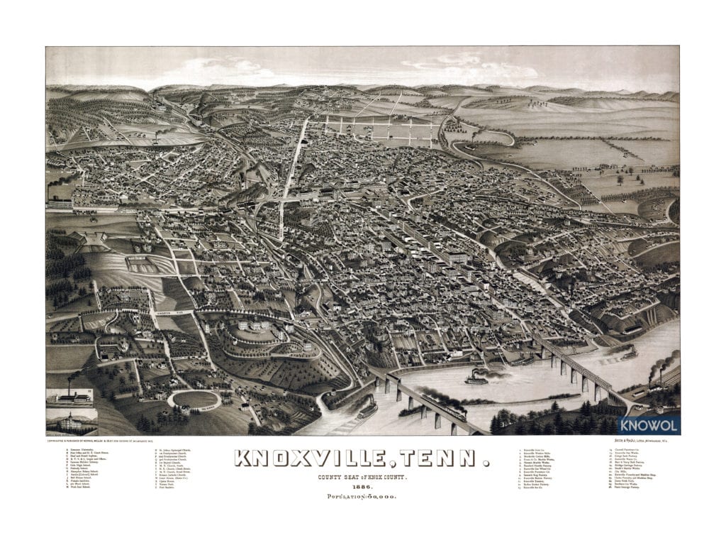 Detailed map of Knoxville, Tennessee in 1886