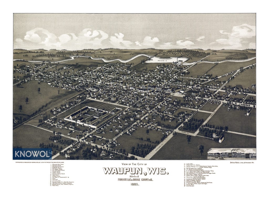 Restored map of Waupun, Wisconsin in 1885