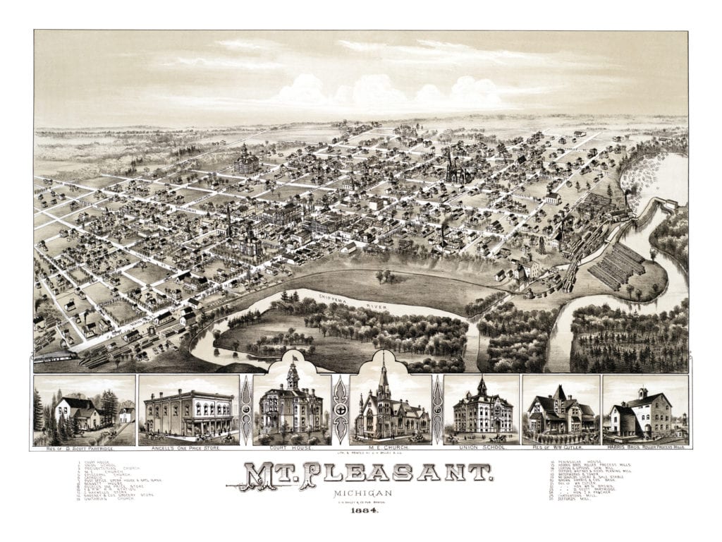Restored map of Mt. Pleasant, Michigan from 1884