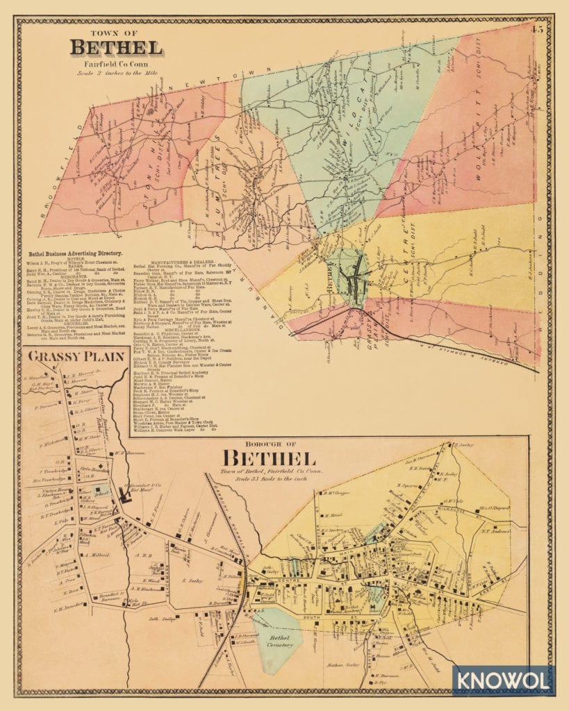 Restored map of Bethel, Connecticut from 1867