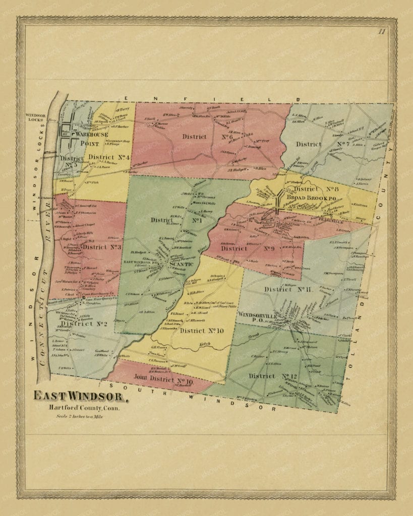 Historic landowners map of East Windsor, Connecticut from 1869