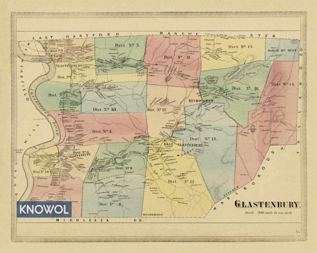 Historic landowners map of Glastonbury, CT from 1869