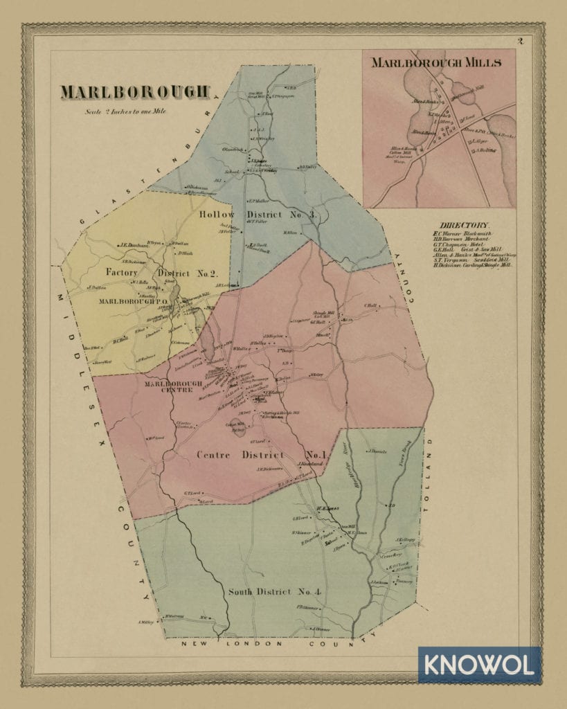 Historic landowners map of Marlborough, CT from 1869