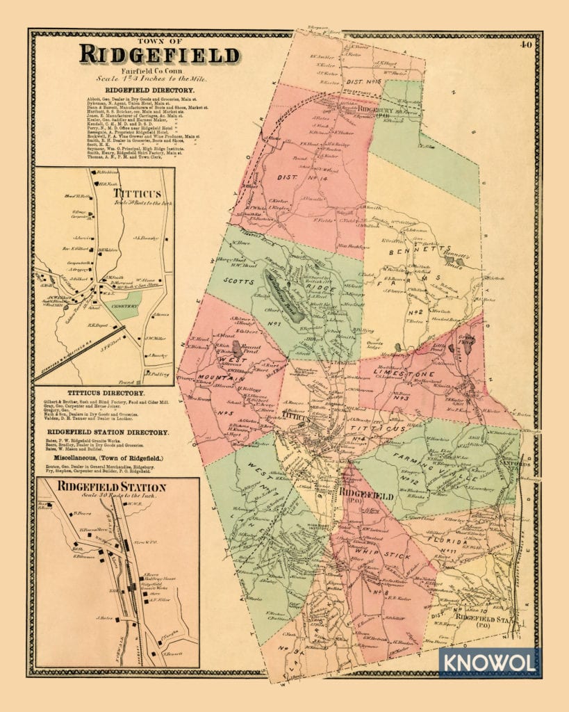 Landowners map of Ridgefield, Connecticut from 1867, restored by KNOWOL