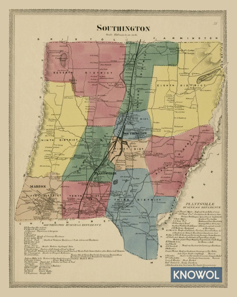 Historic landowners map of Southington, CT from 1869