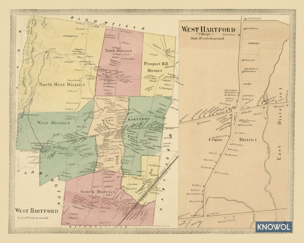 Historic landowners map of West Hartford, Connecticut from 1869