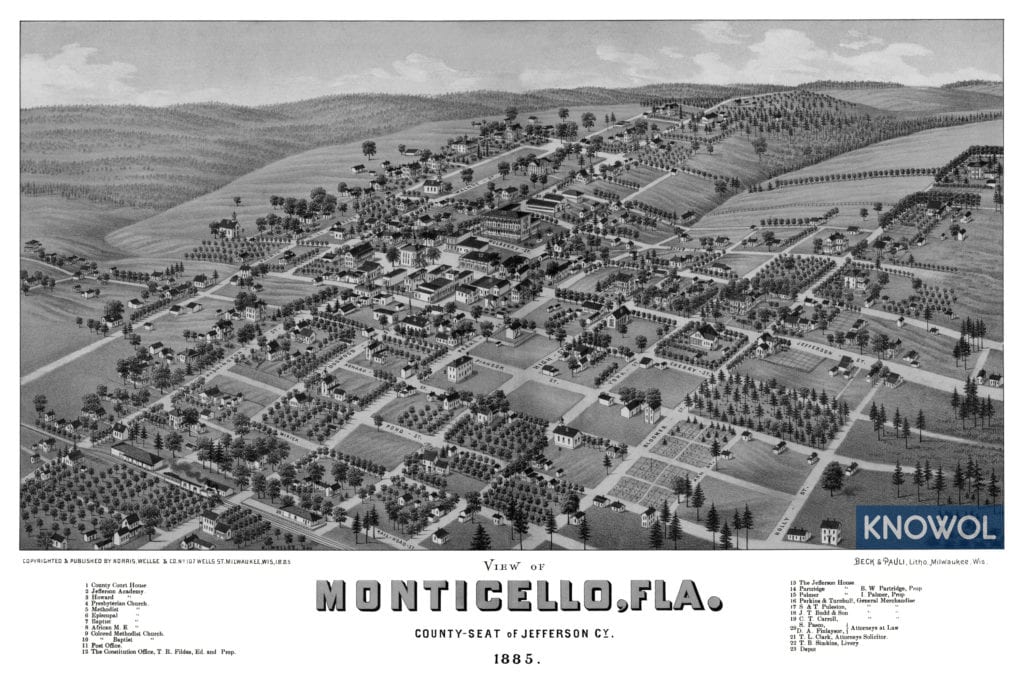 Restored map of Monticello, Florida from 1885