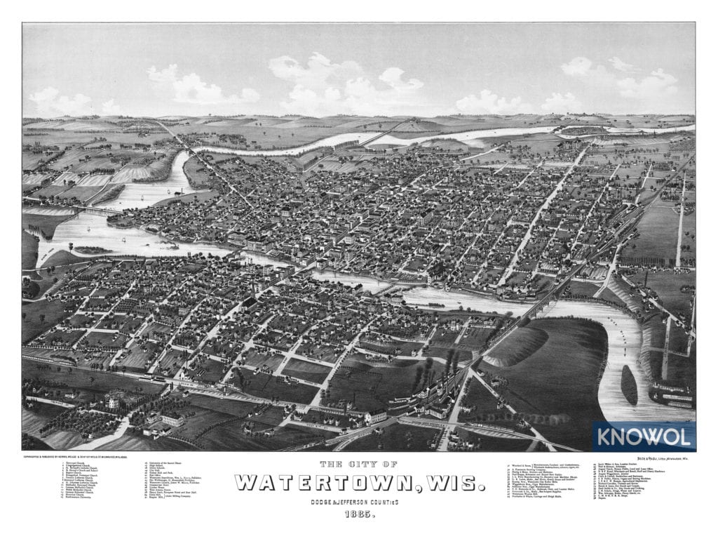 Restored map of Watertown, Wisconsin from 1885
