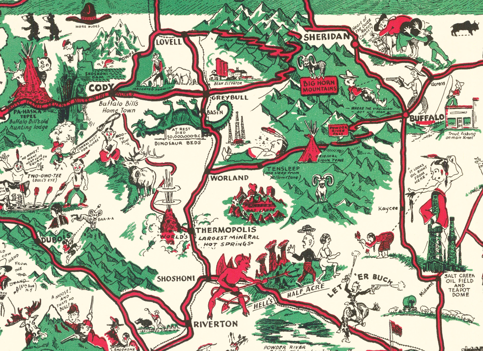 Whimsical Paint-Brush Map of Wyoming from 1938