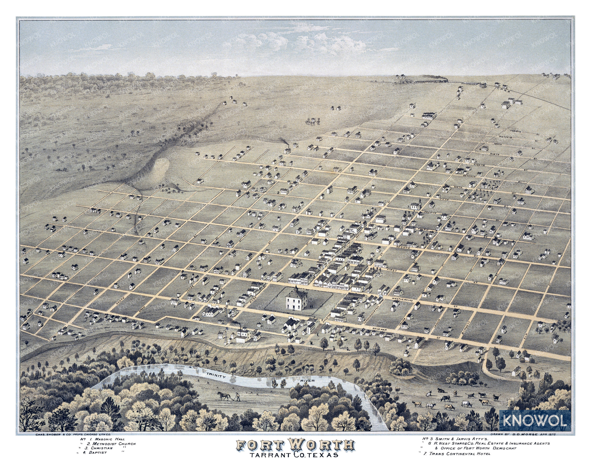 Restored map of Fort Worth, Texas from 1876