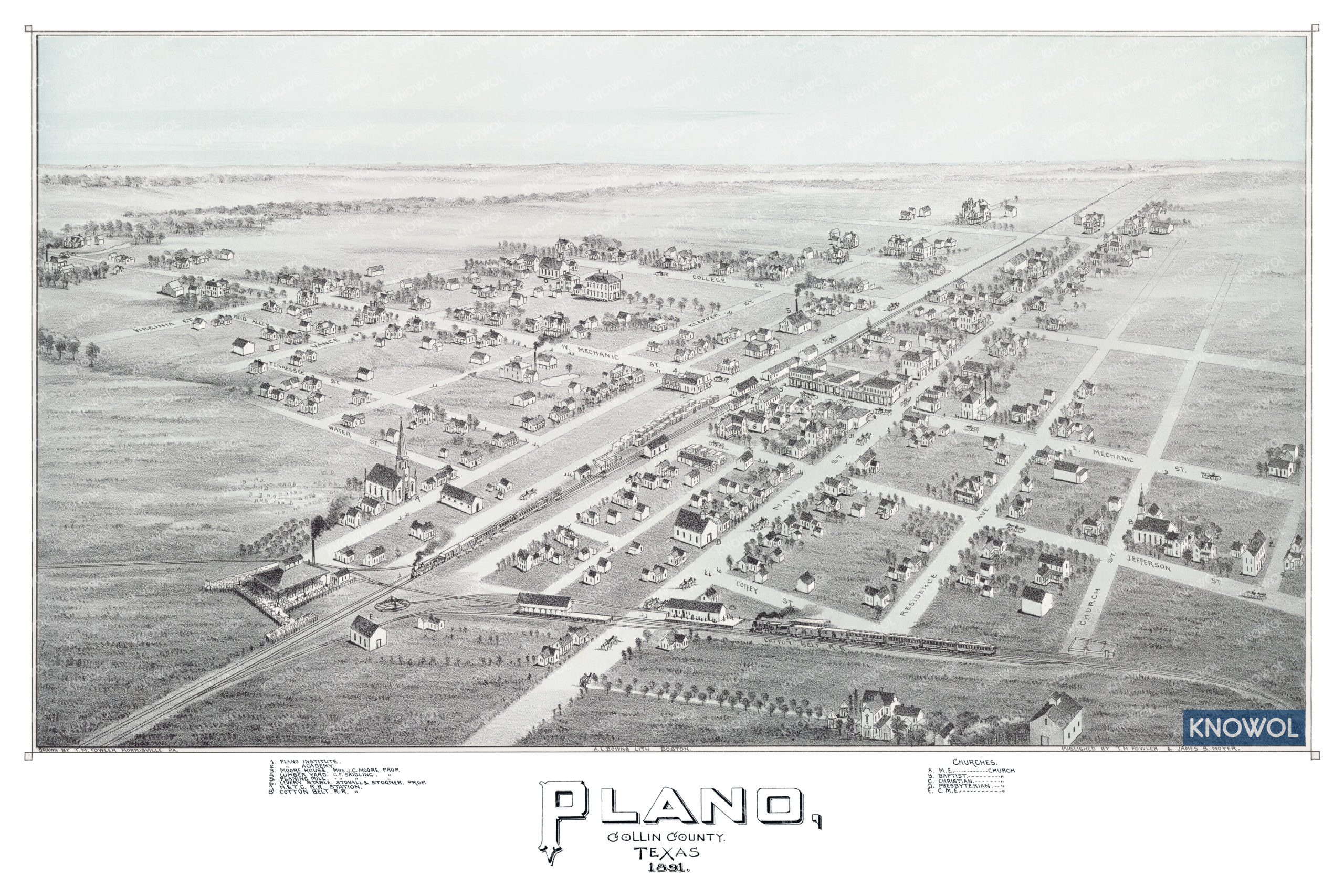 Historic bird's eye view of Plano, Texas in 1891. The map shows a detailed bird's eye view of the city as it looked in the late 19th century. The map shows railroads, street names, and other historic landmarks.