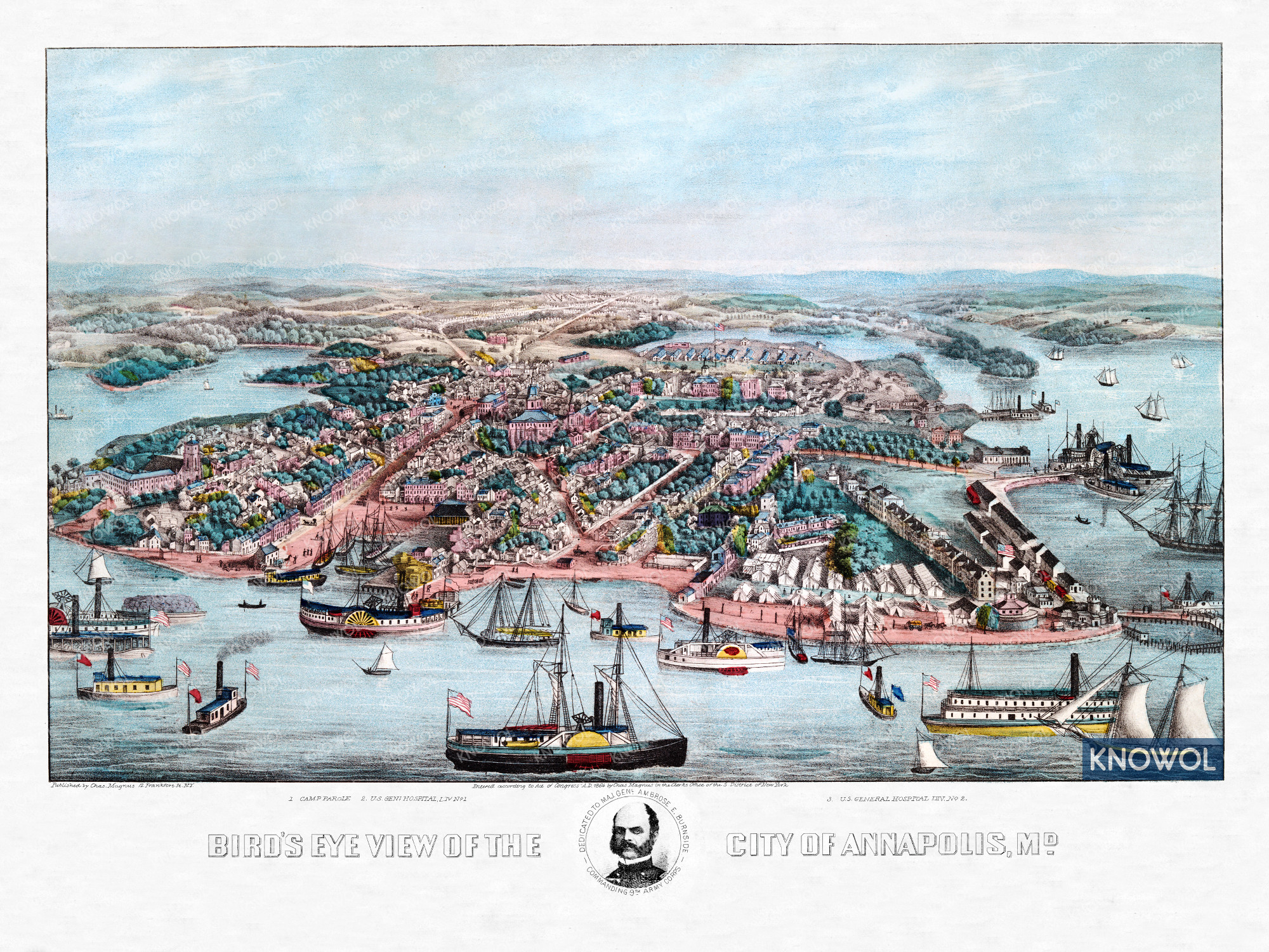 Historic bird's eye view of Annapolis, Maryland from 1864