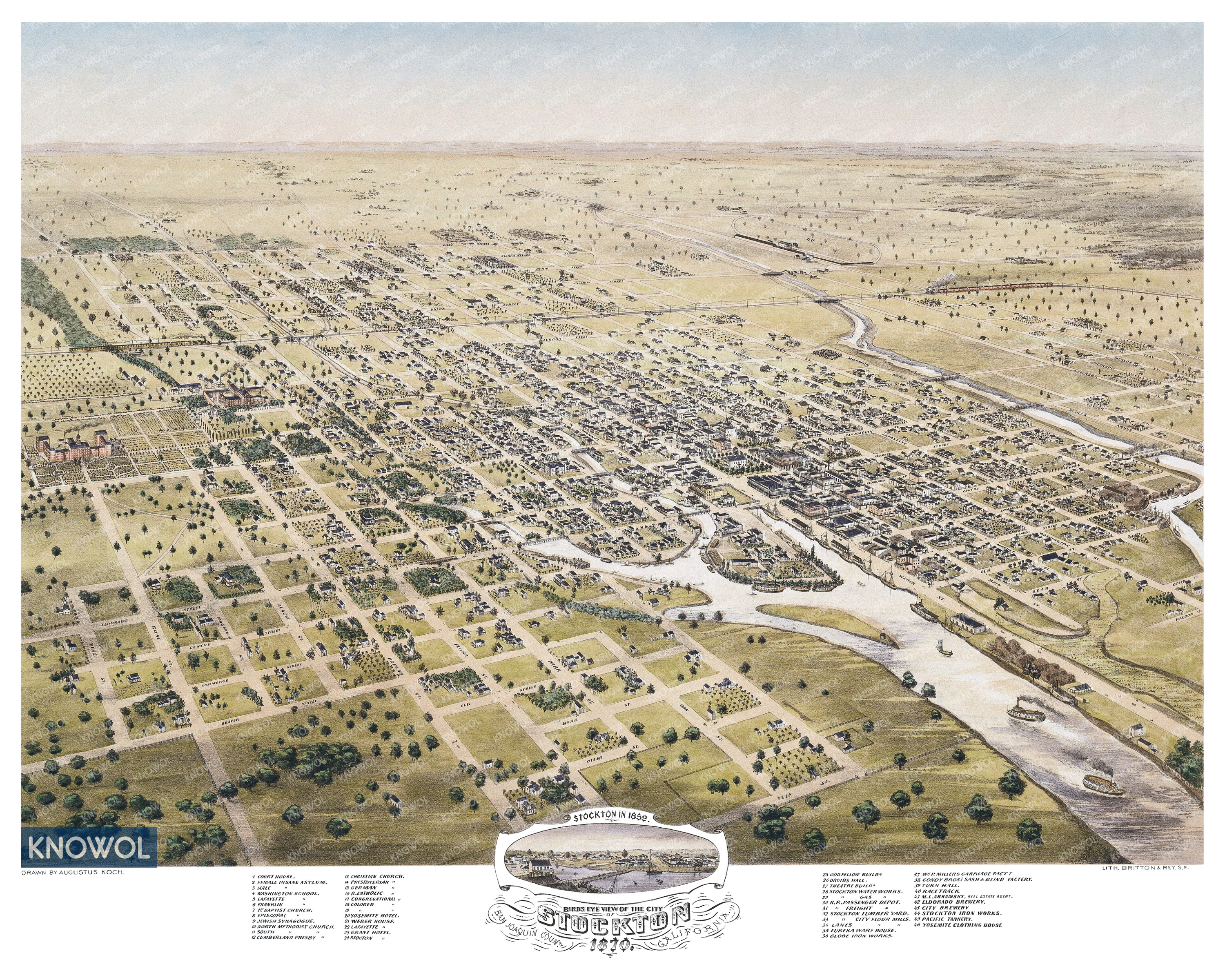 Historic old map of Stockton, California 1870. The map shows a bird's eye view of the city as it used to look, including street names and old landmarks.