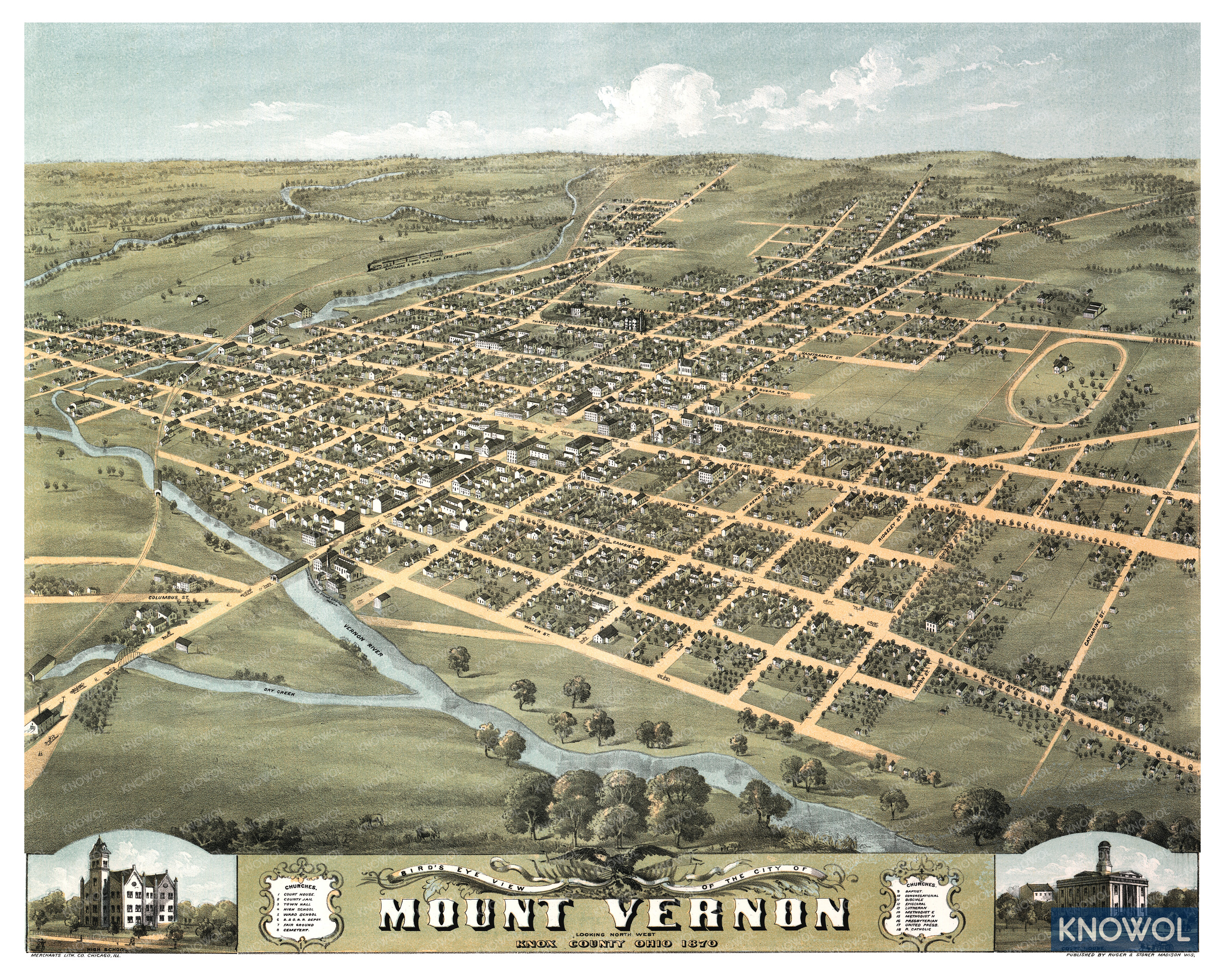 Restored old map of Mount Vernon, Ohio from 1870. The map shows a bird's eye view of the city as it used to look, including street names and old landmarks.