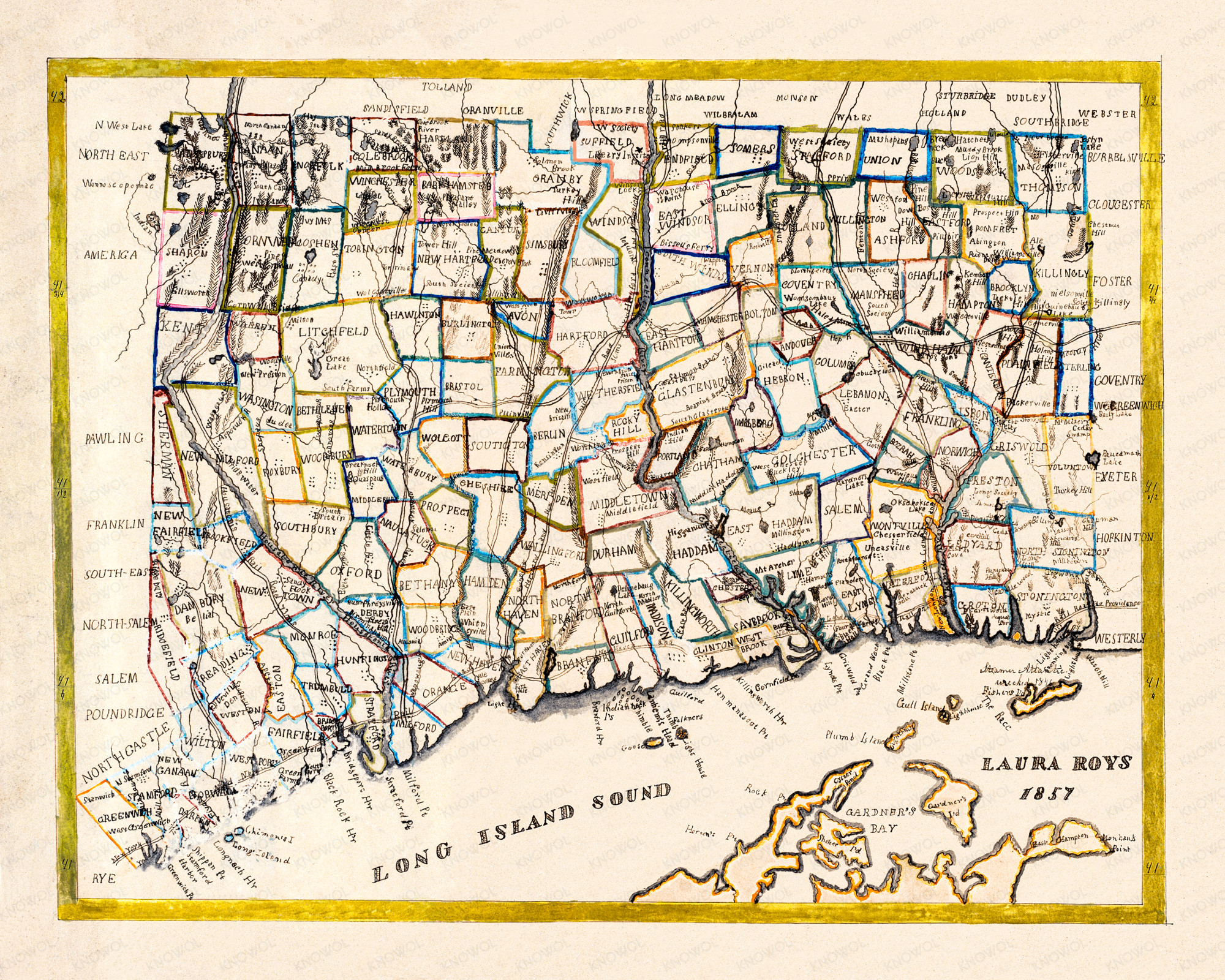 Vintage hand-colored map of Connecticut from 1857