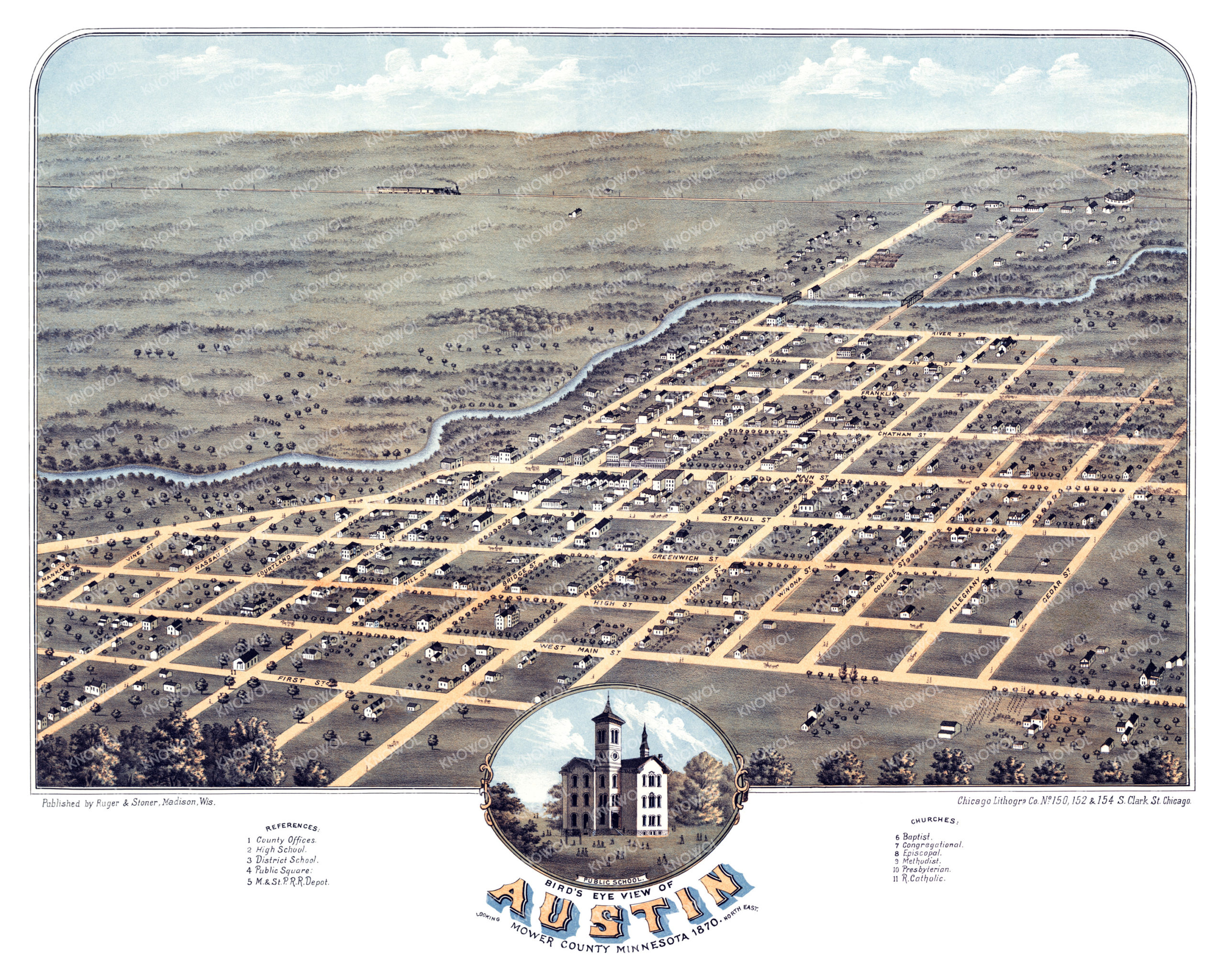Restored map of Austin, Minnesota from 1870