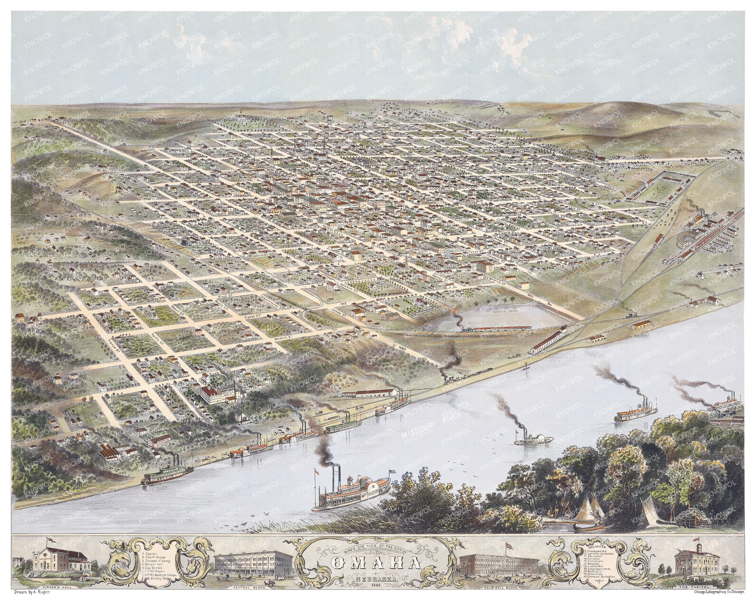 Restored map of Omaha, Nebraska from 1868