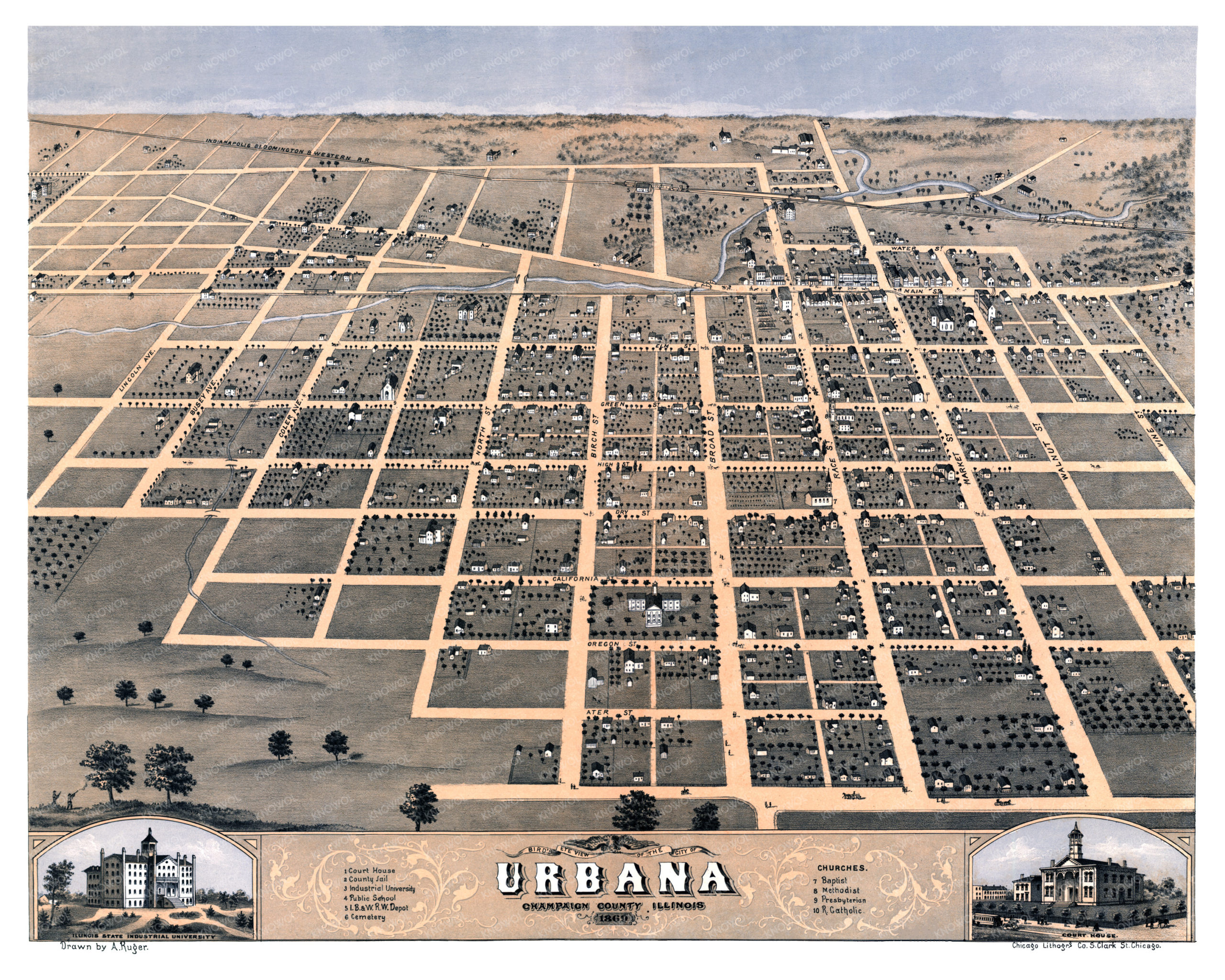 Restored map of Urbana, Illinois from 1869