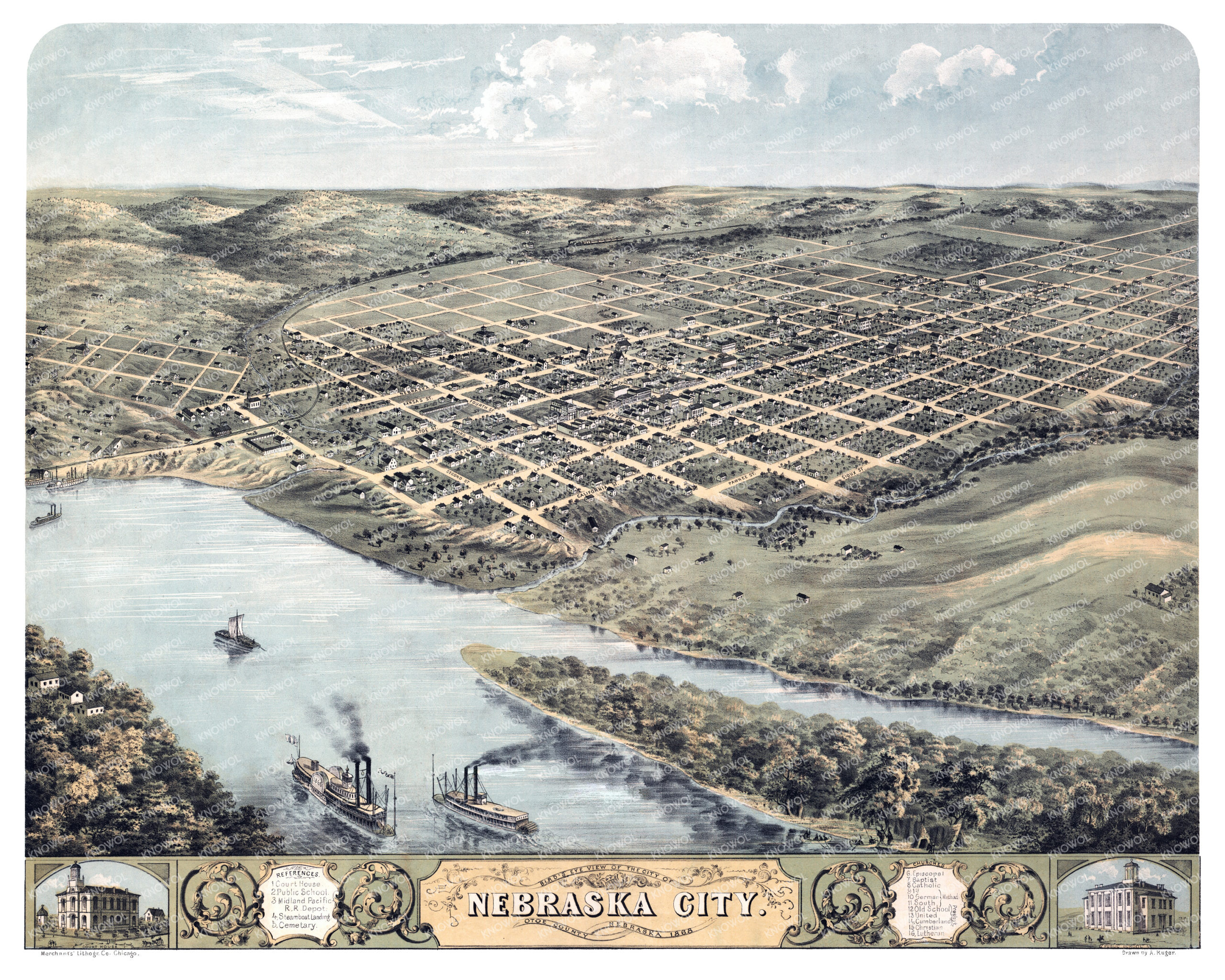 Restored map of Nebraska City, Nebraska in 1868