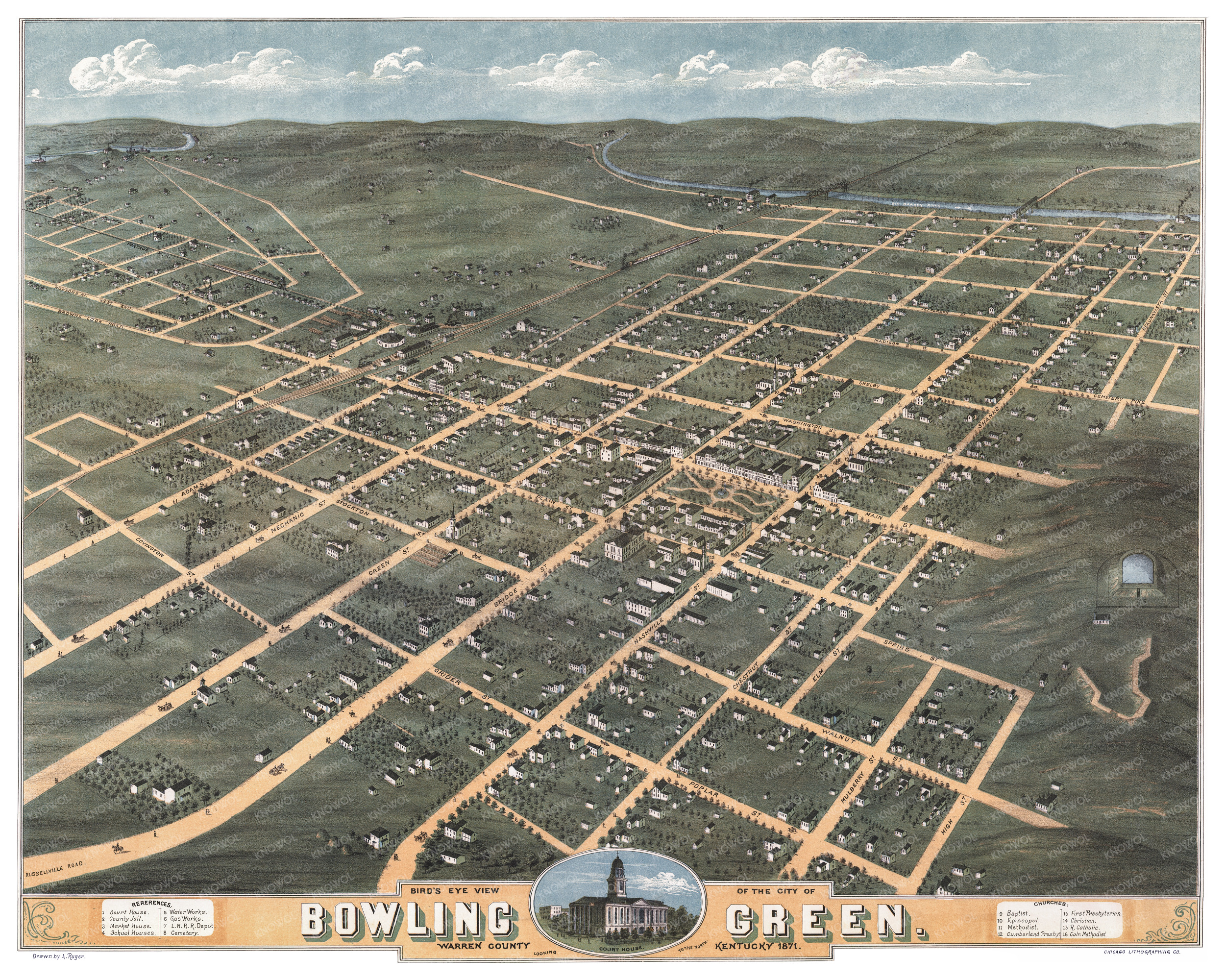 Restored map of Bowling Green, Kentucky from 1871