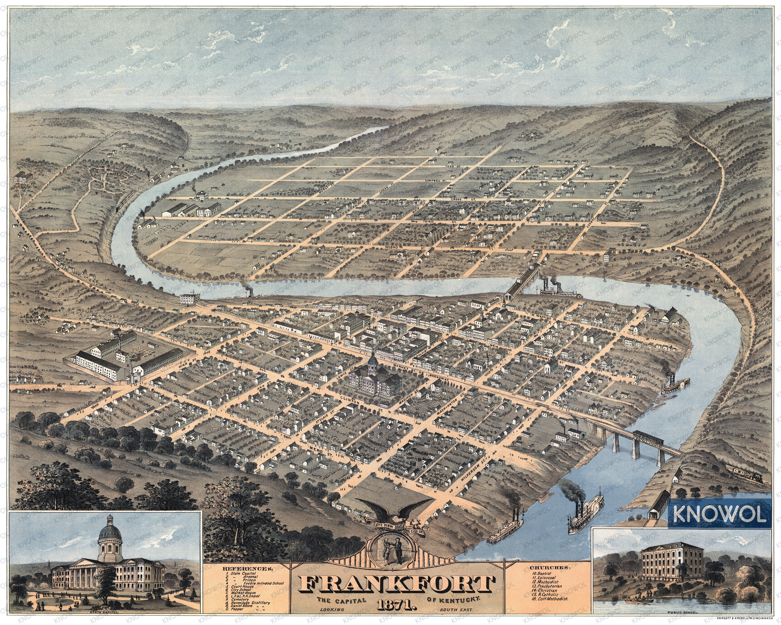 Restored map of Frankfort, Kentucky from 1871