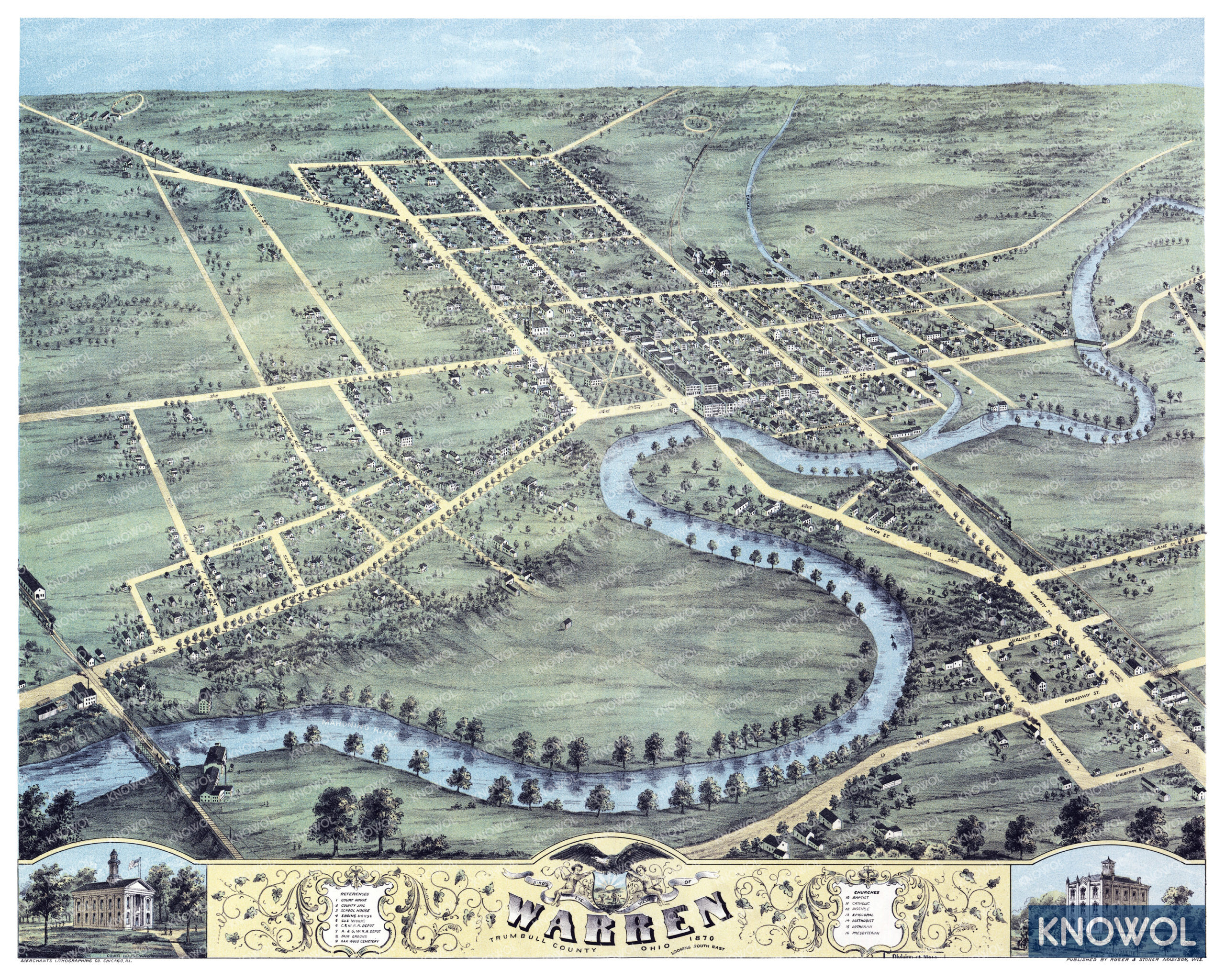 Restored map of Warren, Ohio from 1870