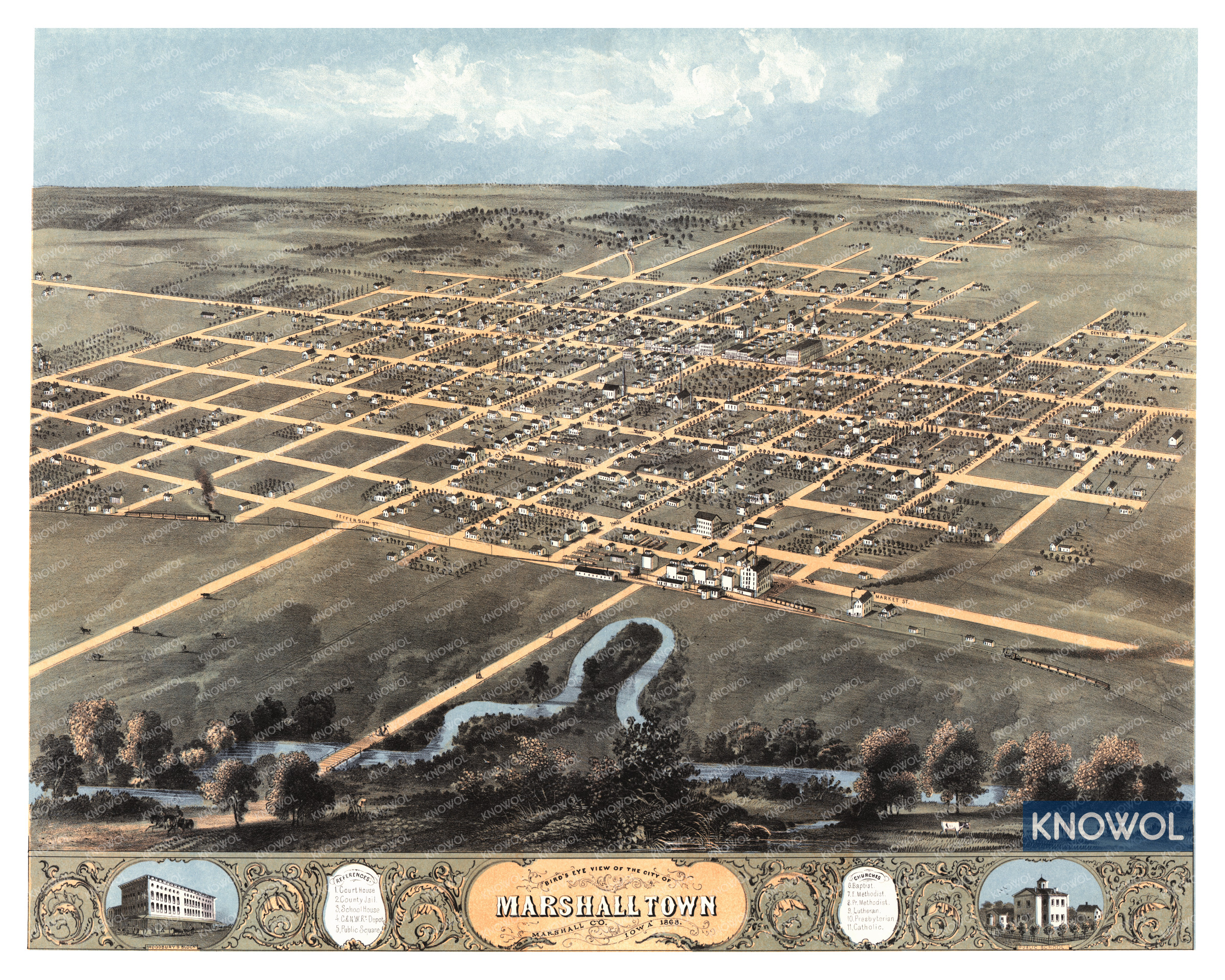Restored map of Marshalltown, Iowa from 1868