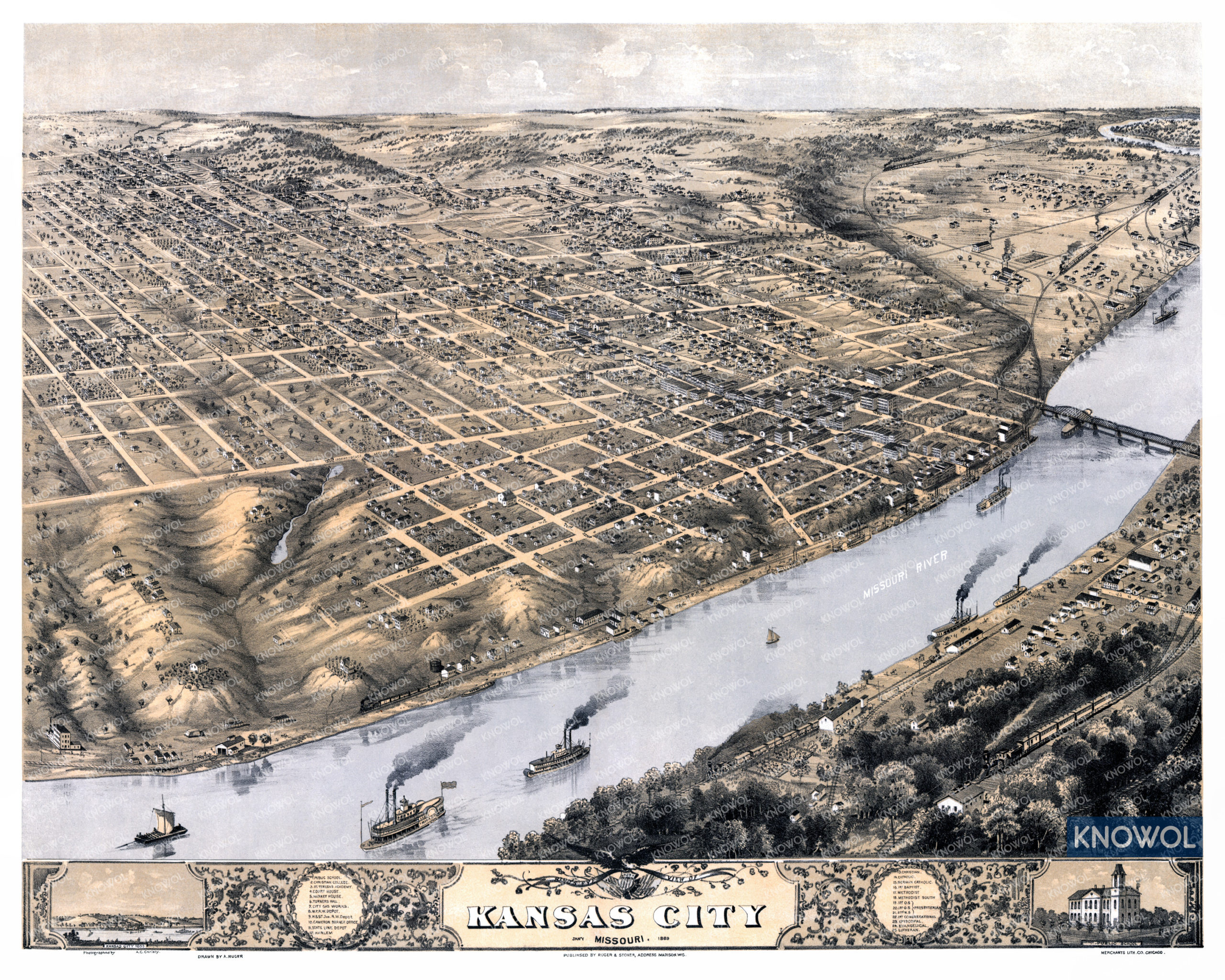 Restored map of Kansas City, Missouri from 1869