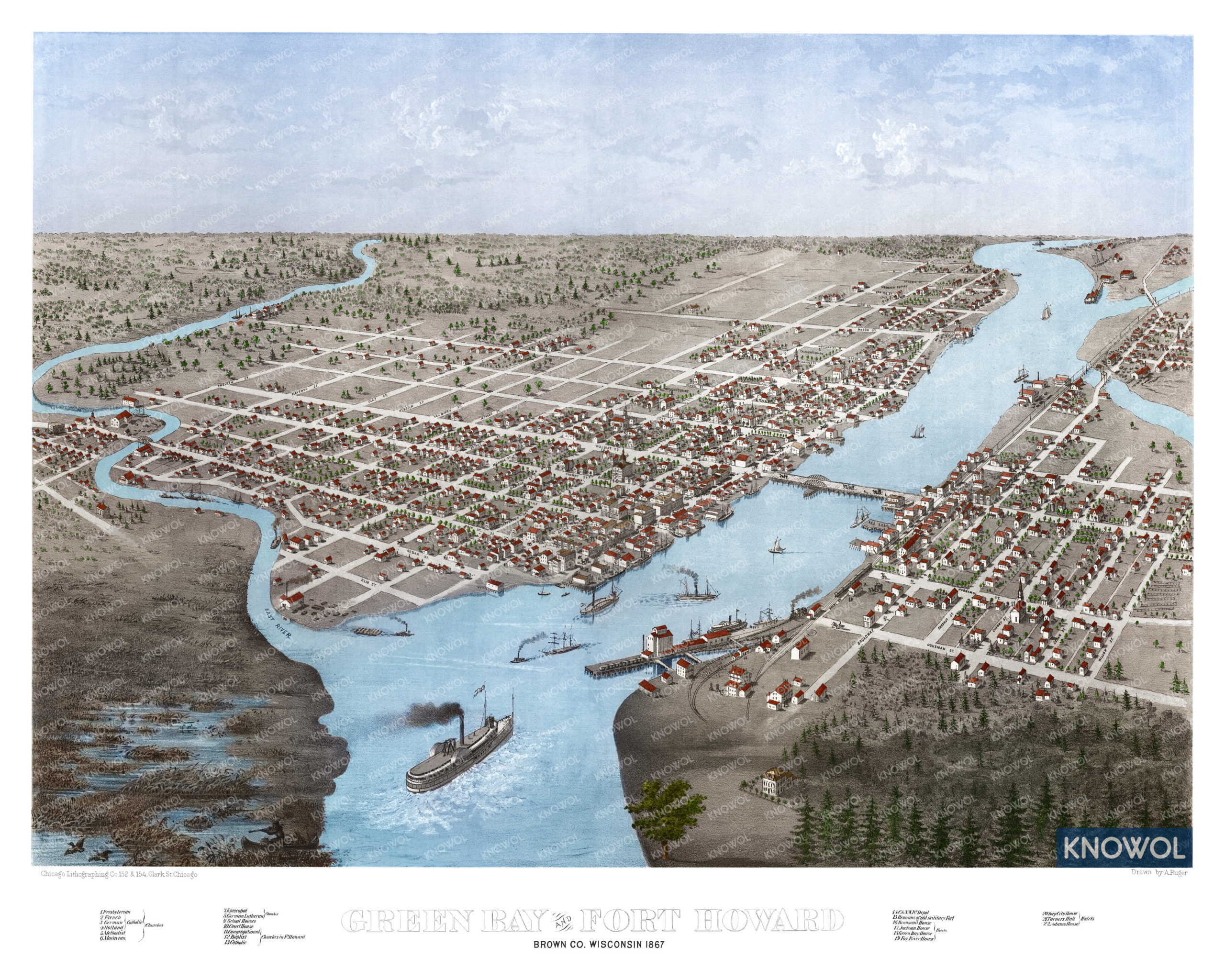 The image shows a map of Green Bay, Wisconsin as it looked in 1867. The map was created in 1867 and restored by KNOWOL in 2020.