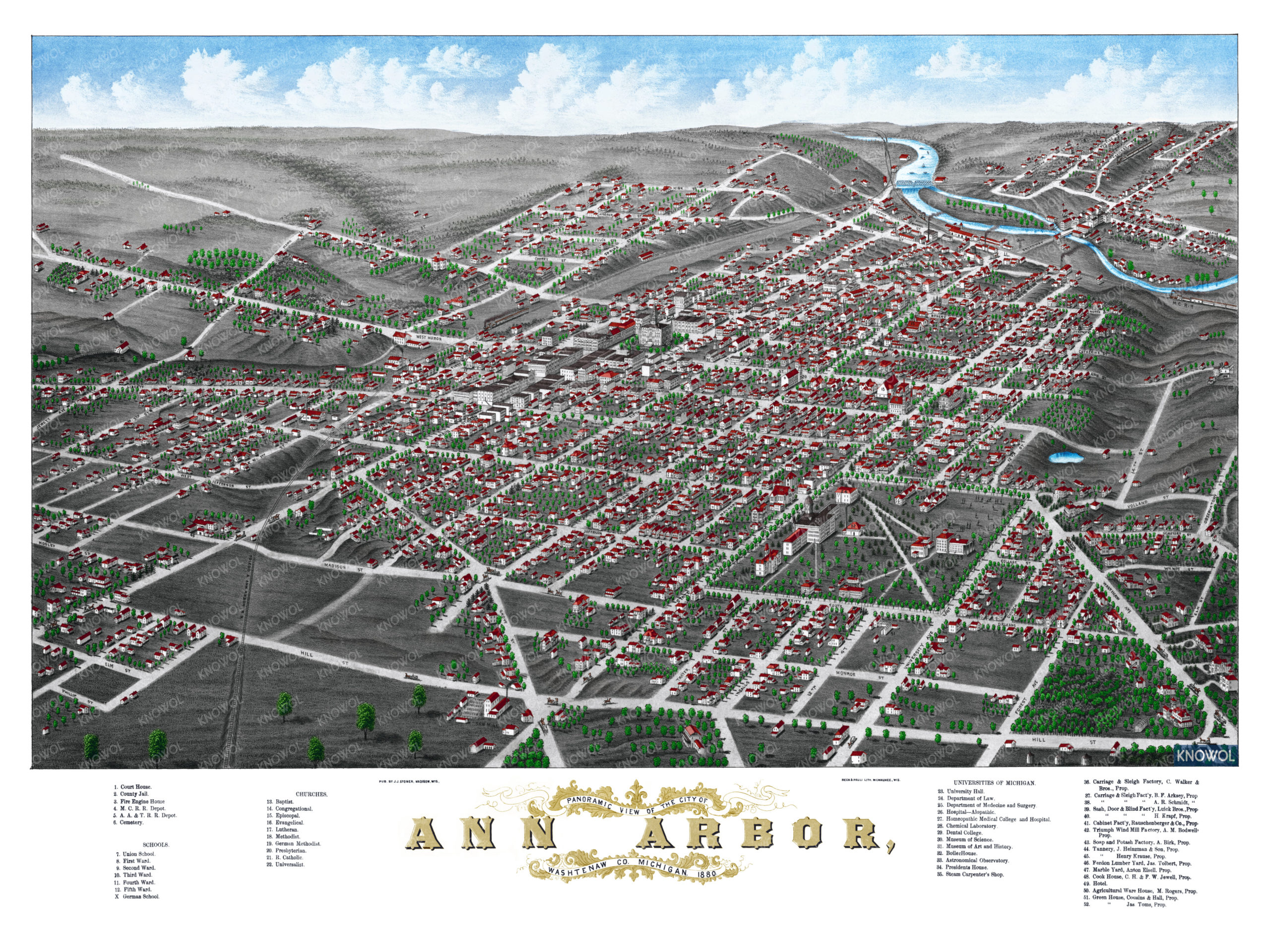 Colorized and Restored Map of Ann Arbor, Michigan from 1880