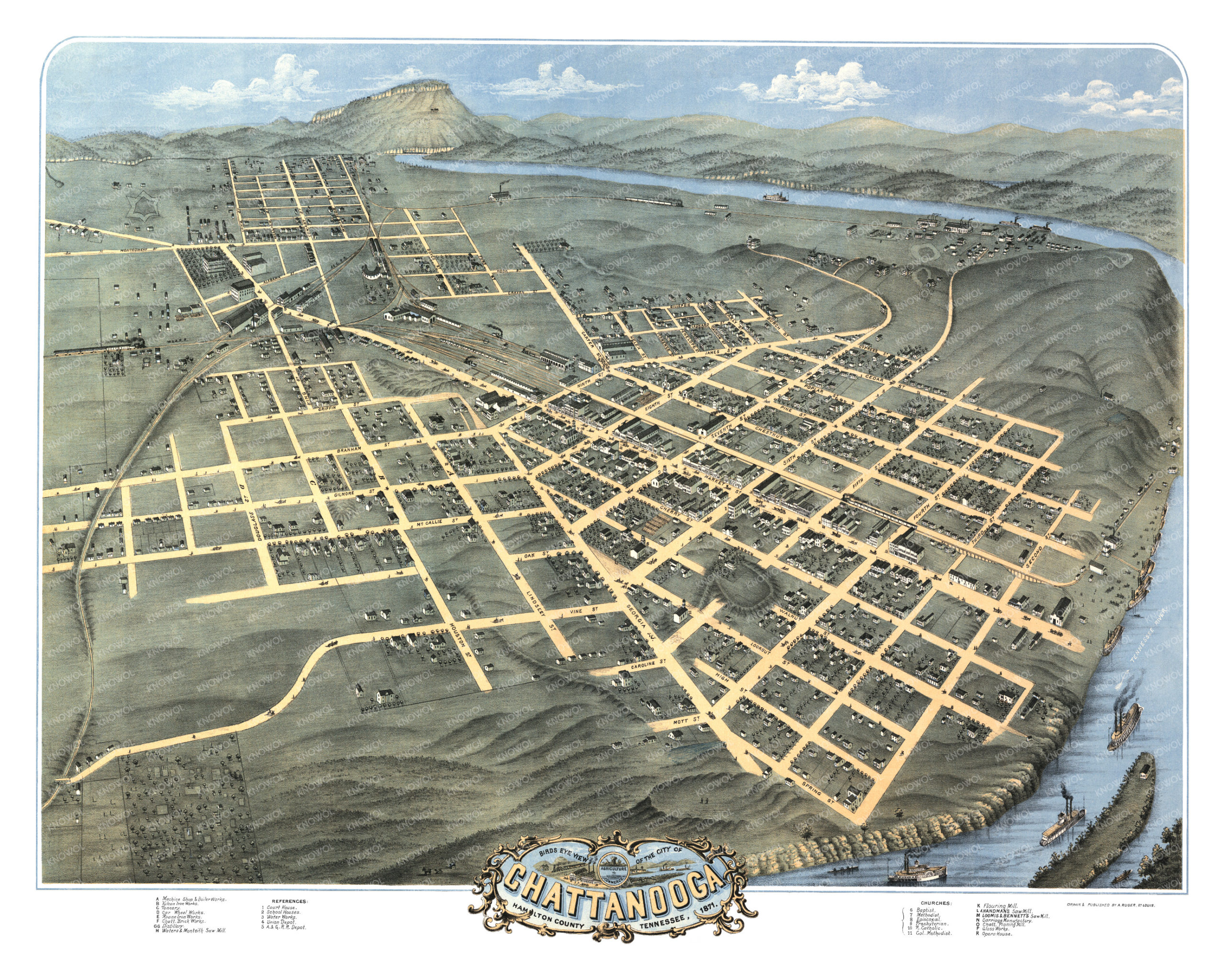 Historic map of Chattanooga, Tennessee from 1871