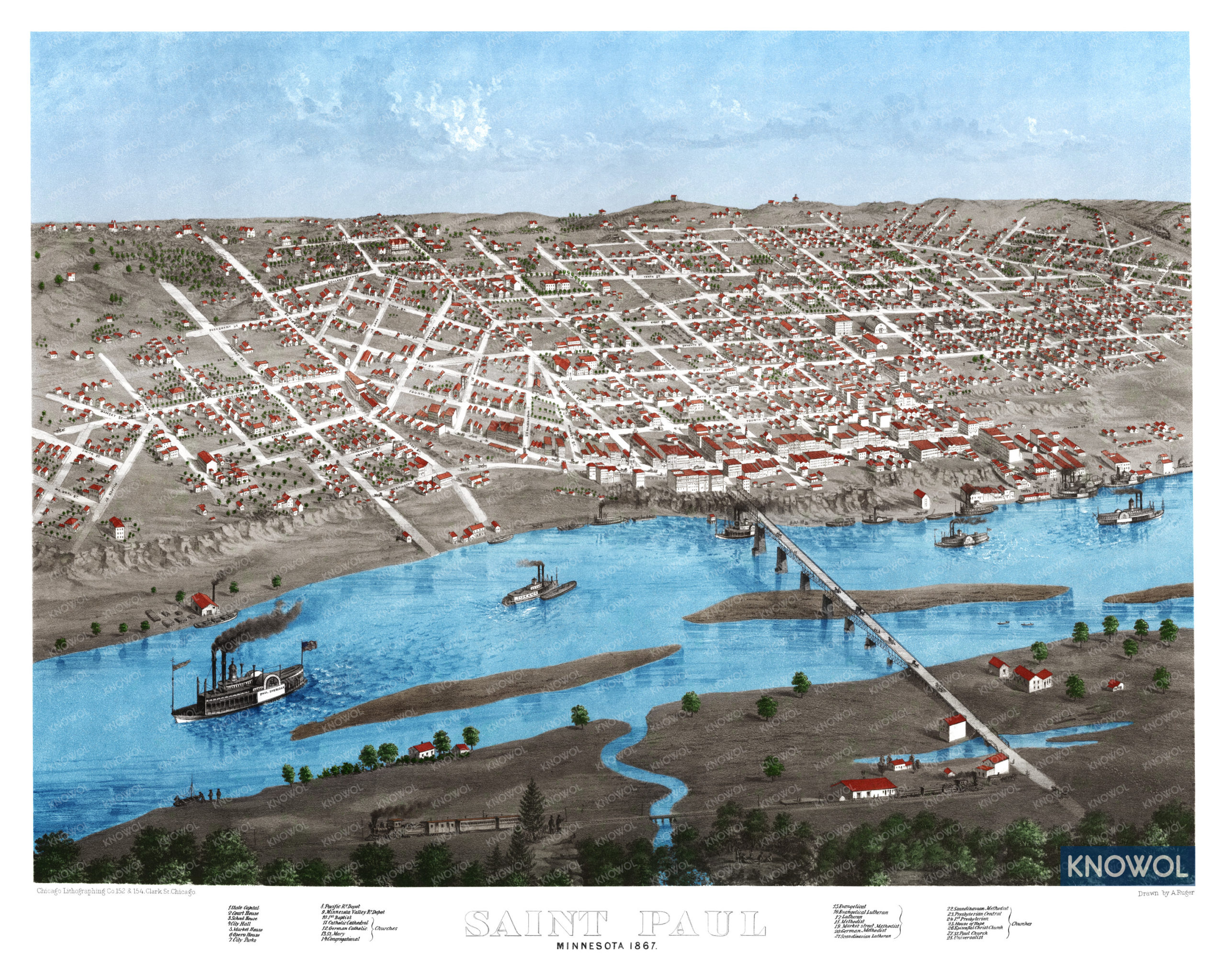 Detailed map of Saint Paul, Minnesota from 1867