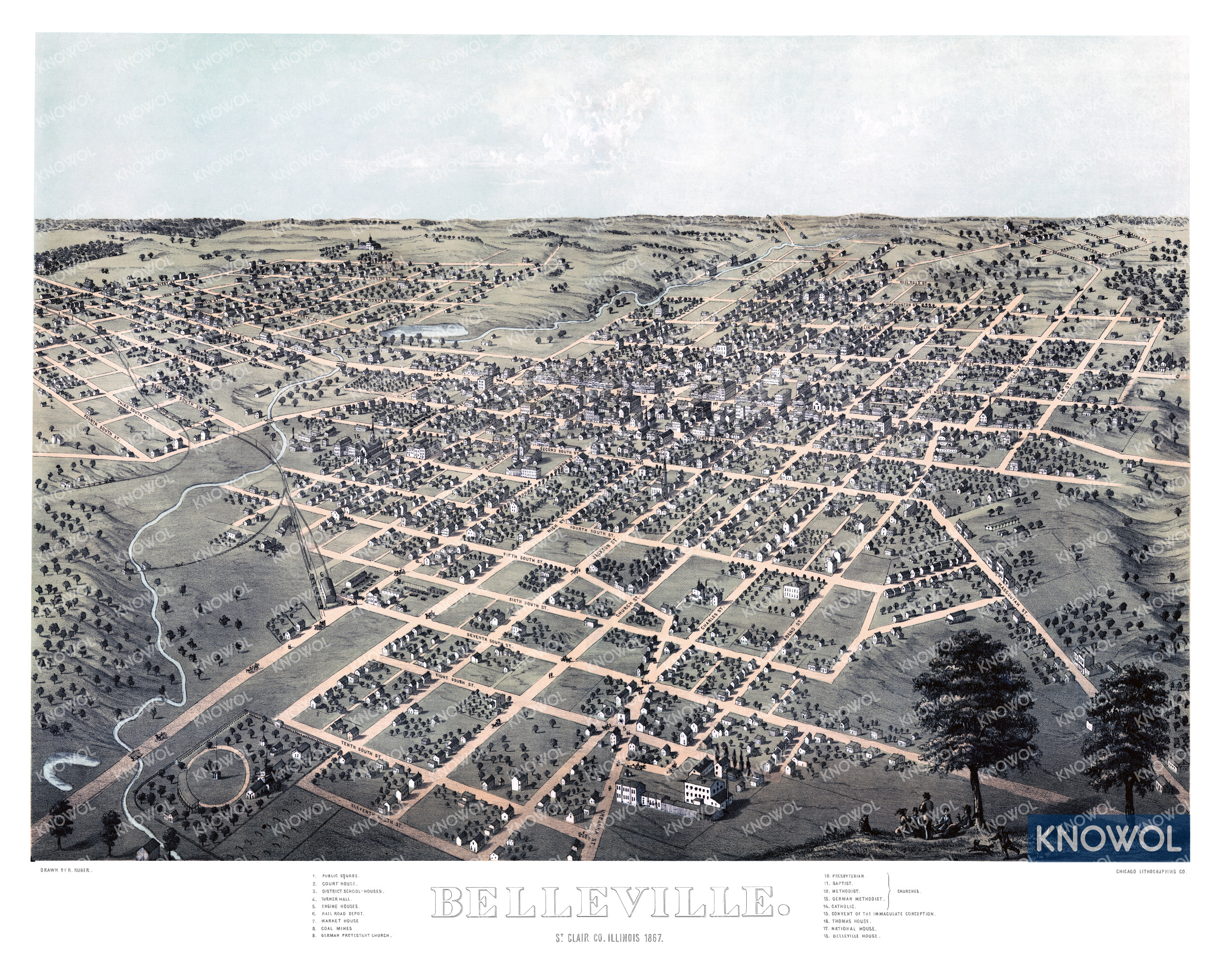 Historic bird's eye view of Belleville, Illinois in 1867
