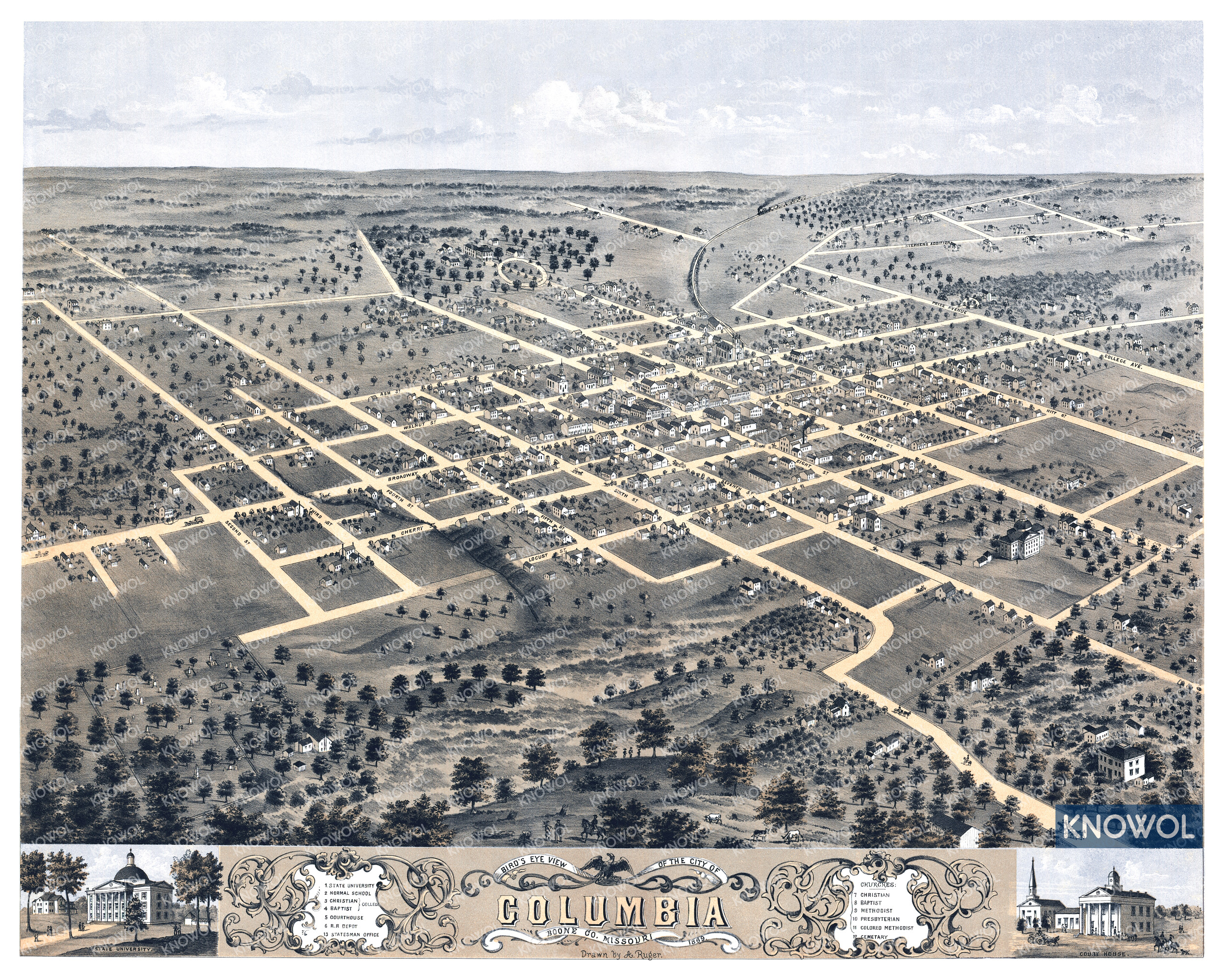 Vintage Map of Columbia, Missouri from 1869