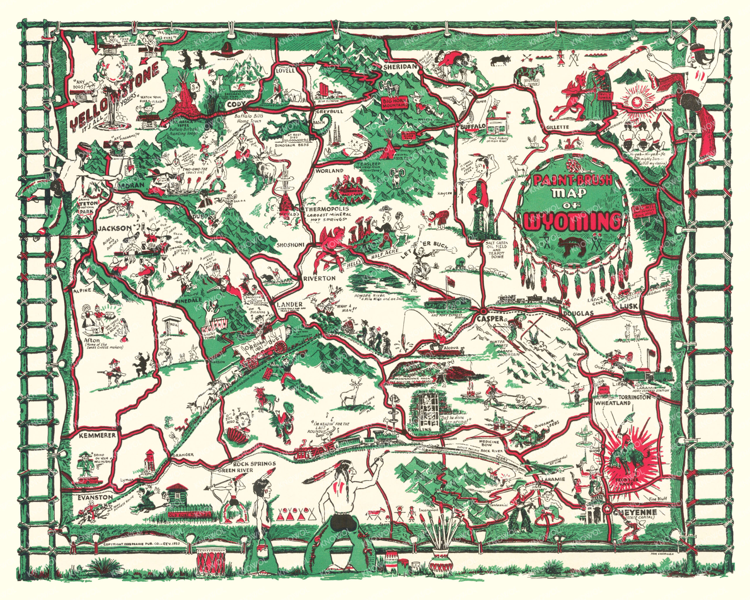 Whimsical Paint-Brush Map of Wyoming from 1938