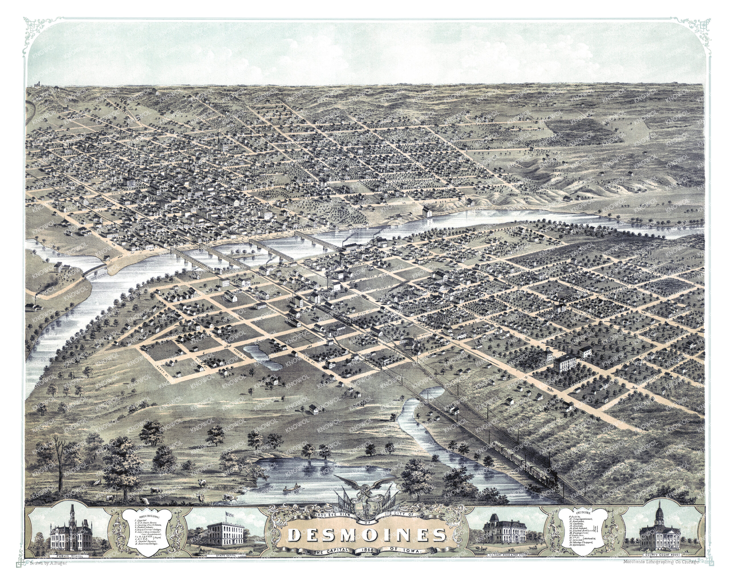 Restored Map of Des Moines, Iowa from 1868