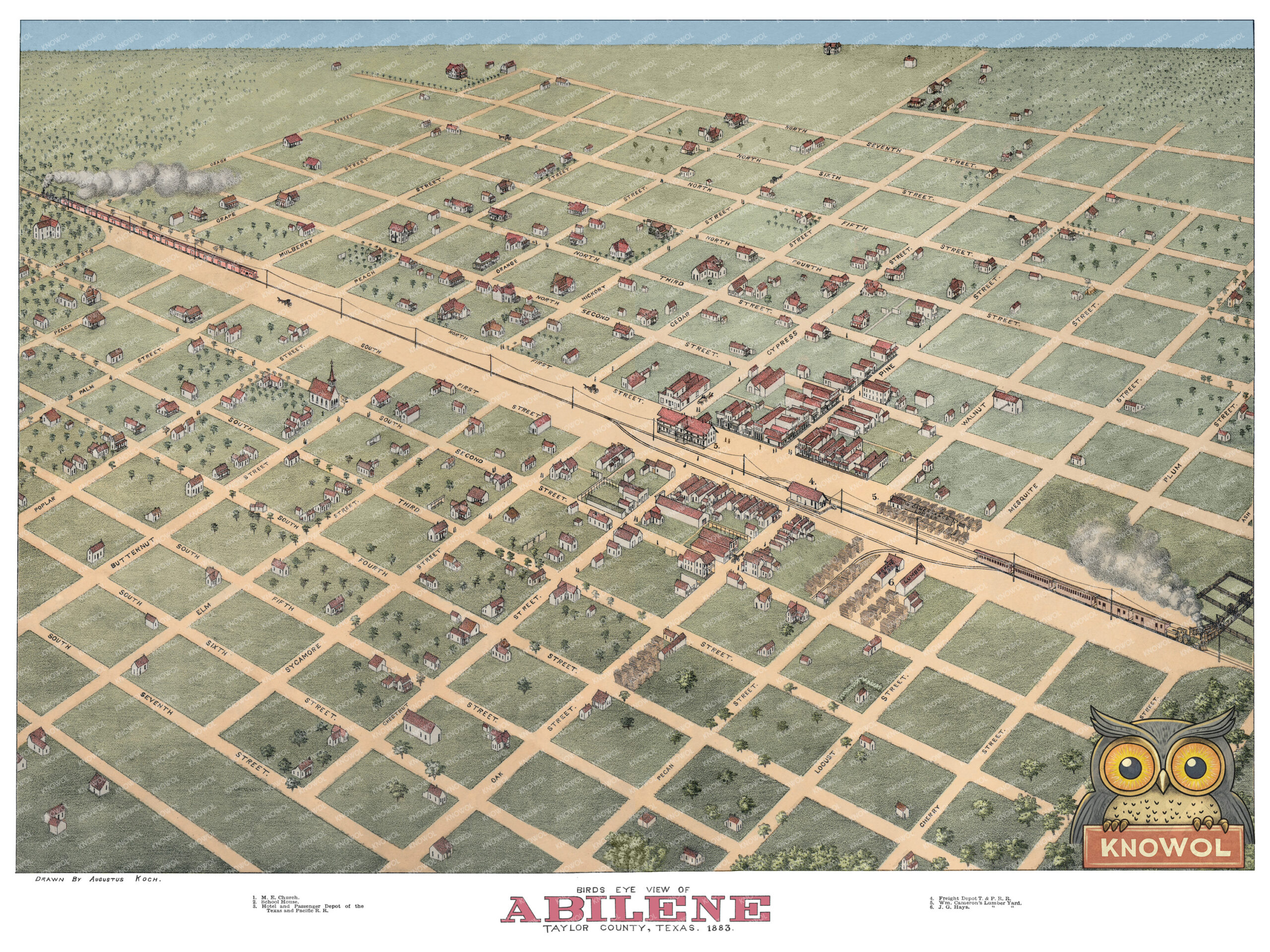 Vintage 1883 bird’s-eye view map of Abilene, Texas by Augustus Koch showing the Texas and Pacific Railroad, depots, lumber yards, churches, school house, streets, homes, and early landmarks.