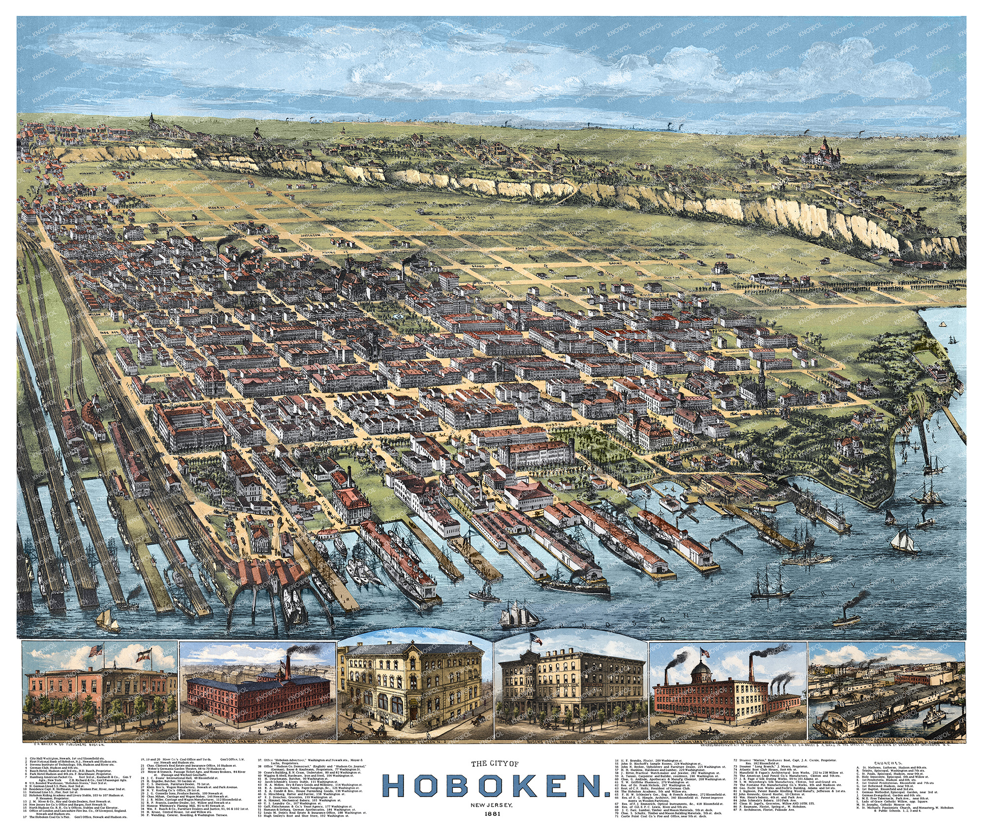 Restored 1881 bird’s-eye map of Hoboken, New Jersey, showing historic streets, Hudson River piers, railroads, churches