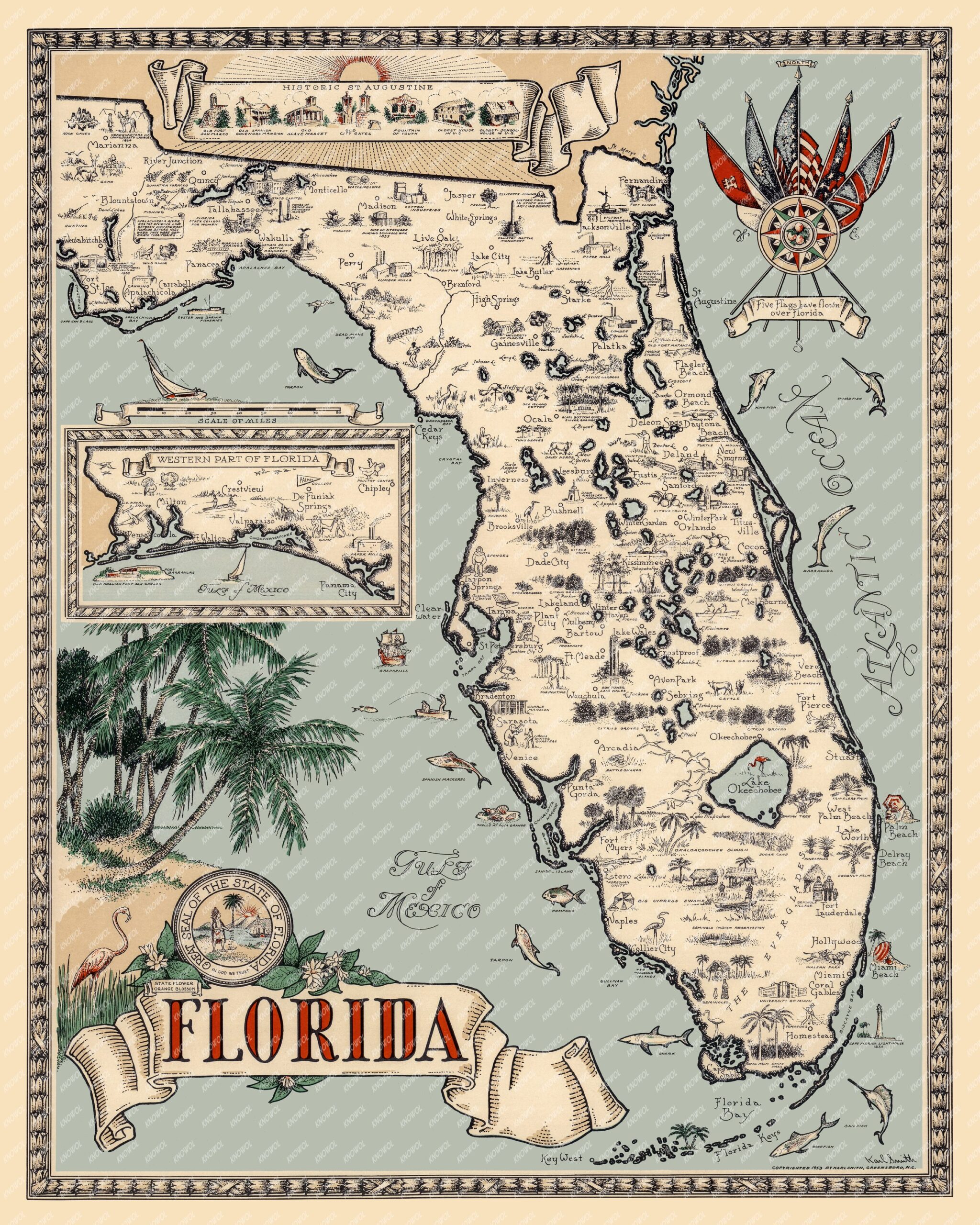 A restored and colorized 1953 pictorial map of Florida by Karl Smith of Greensboro, NC. Illustrated towns, citrus groves, wildlife, and coastlines from St. Augustine to Key West - a vibrant statement piece for any room.