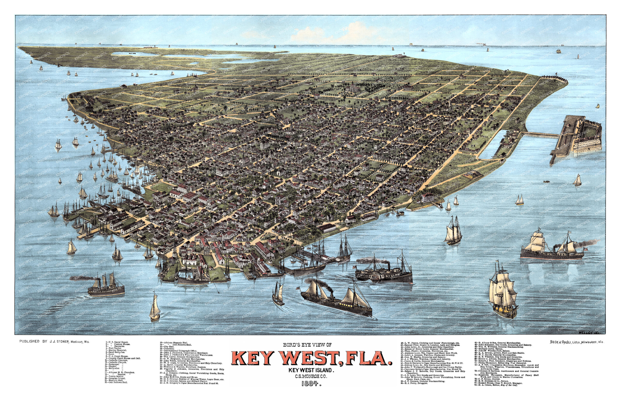 Vintage 1884 bird’s-eye view map of Key West, Florida showing historic streets, wharves, ships, cigar factories, churches, businesses, homes, Fort Taylor, and the island waterfront.