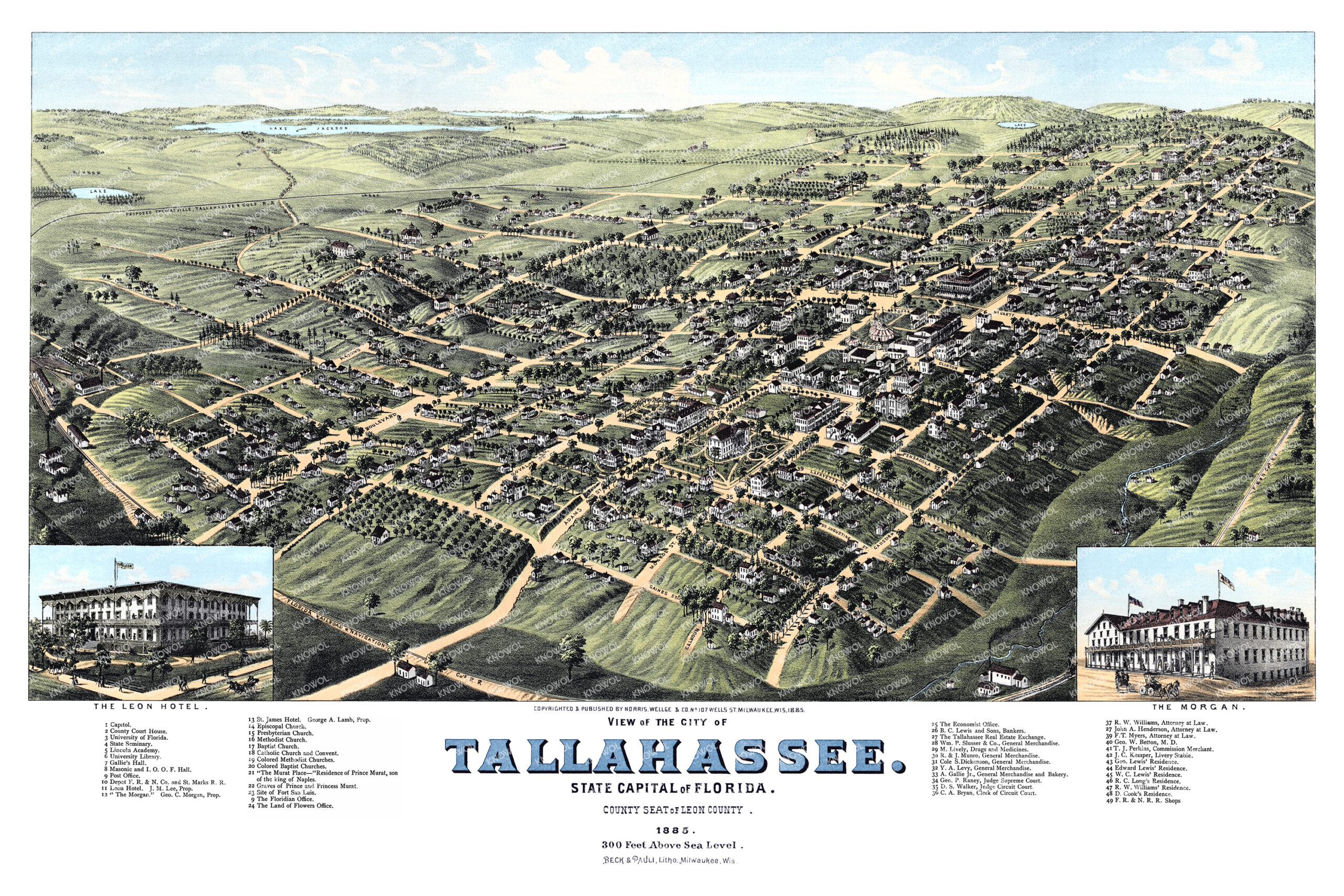 Vintage 1885 bird’s-eye view map of Tallahassee, Florida showing the Capitol, University of Florida, State Seminary, Lincoln Academy, Leon Hotel, The Morgan, The Murat Place, churches, railroads, streets, homes, and historic landmarks.