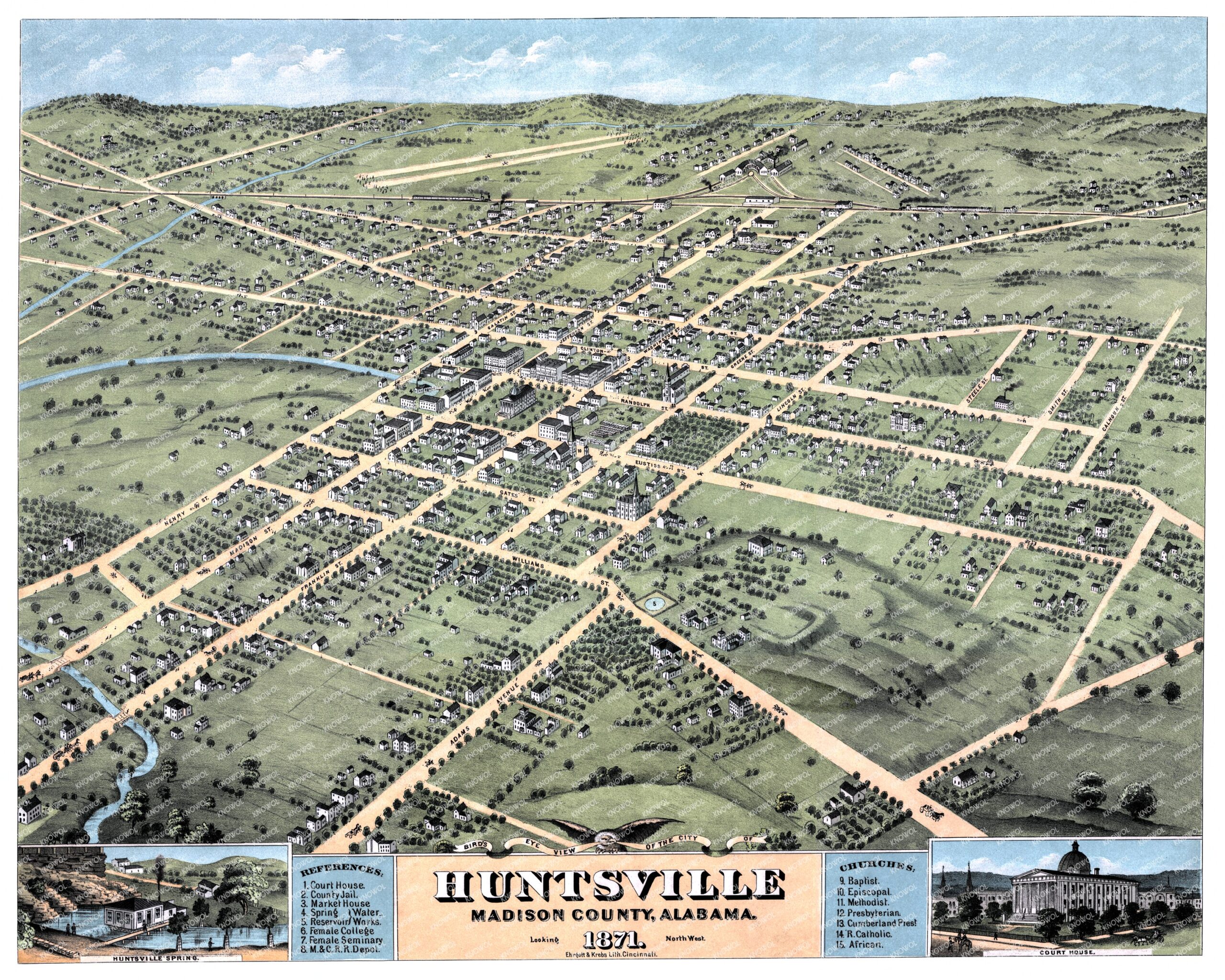 Historic old map of Huntsville, Alabama from 1871 by Albert Ruger