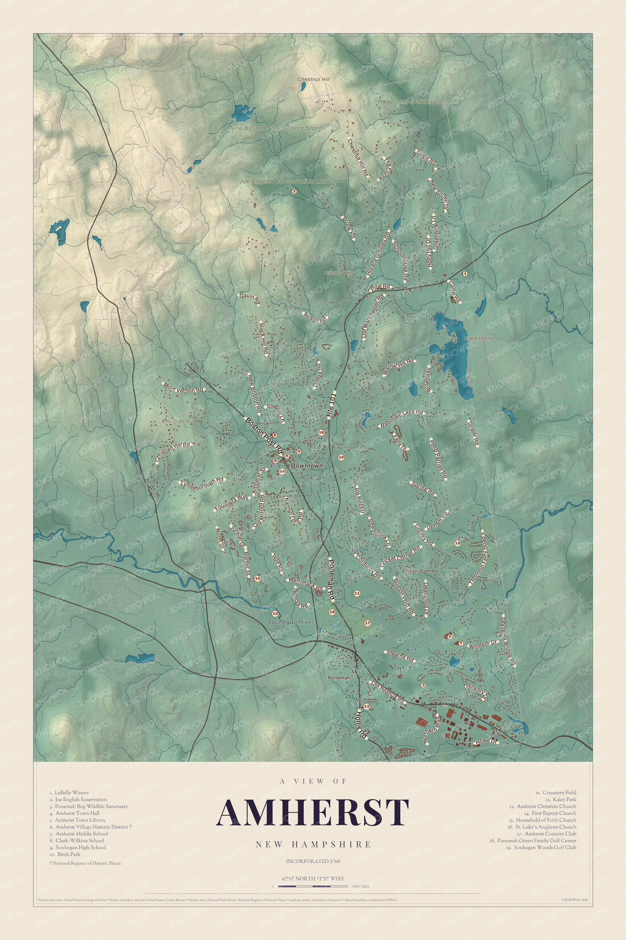 Map of Amherst, New Hampshire, with the village green, Ponemah Bog, Baboosic Lake and Chestnut Hill