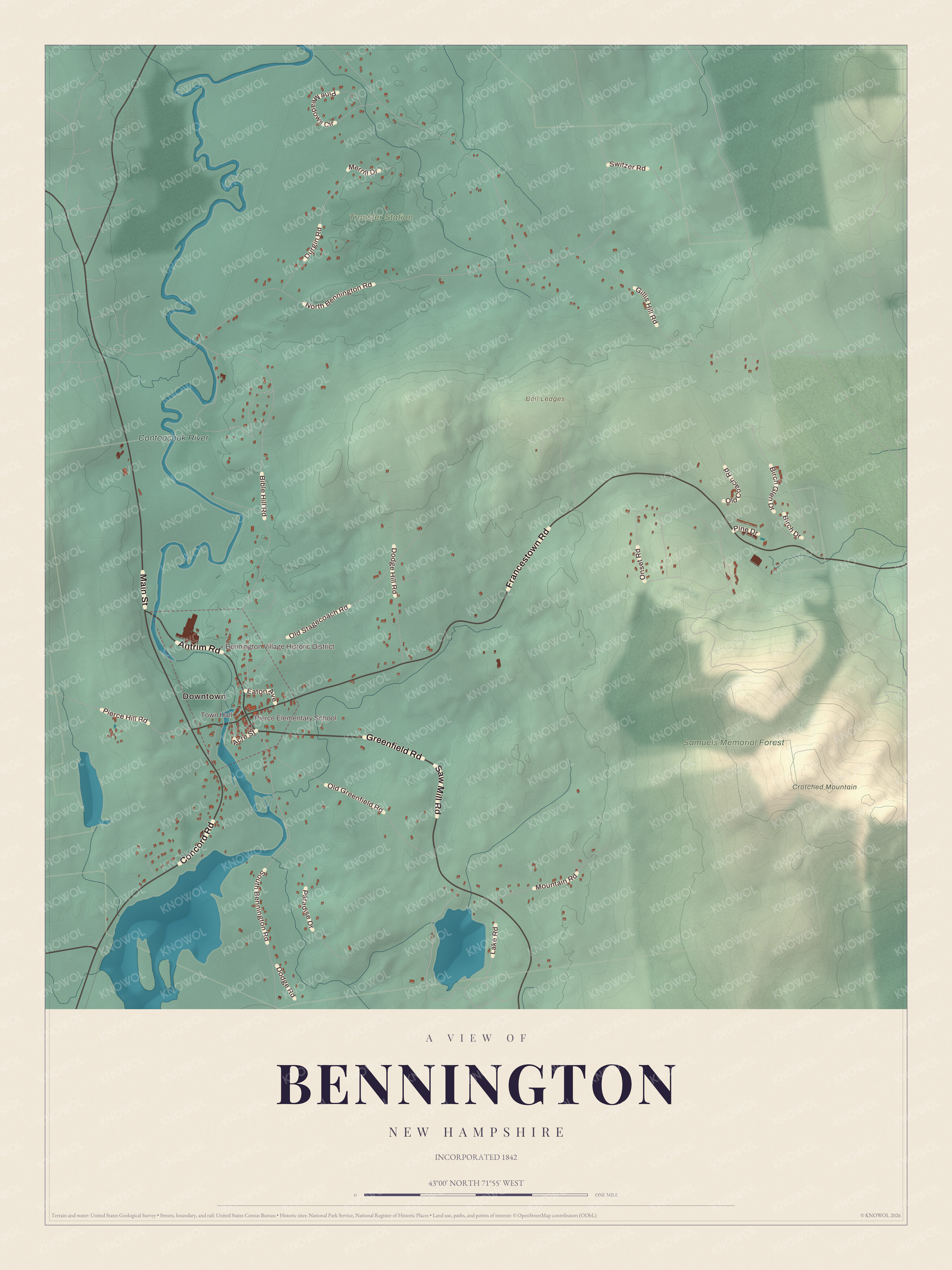 Watermarked full-map preview of Bennington, New Hampshire