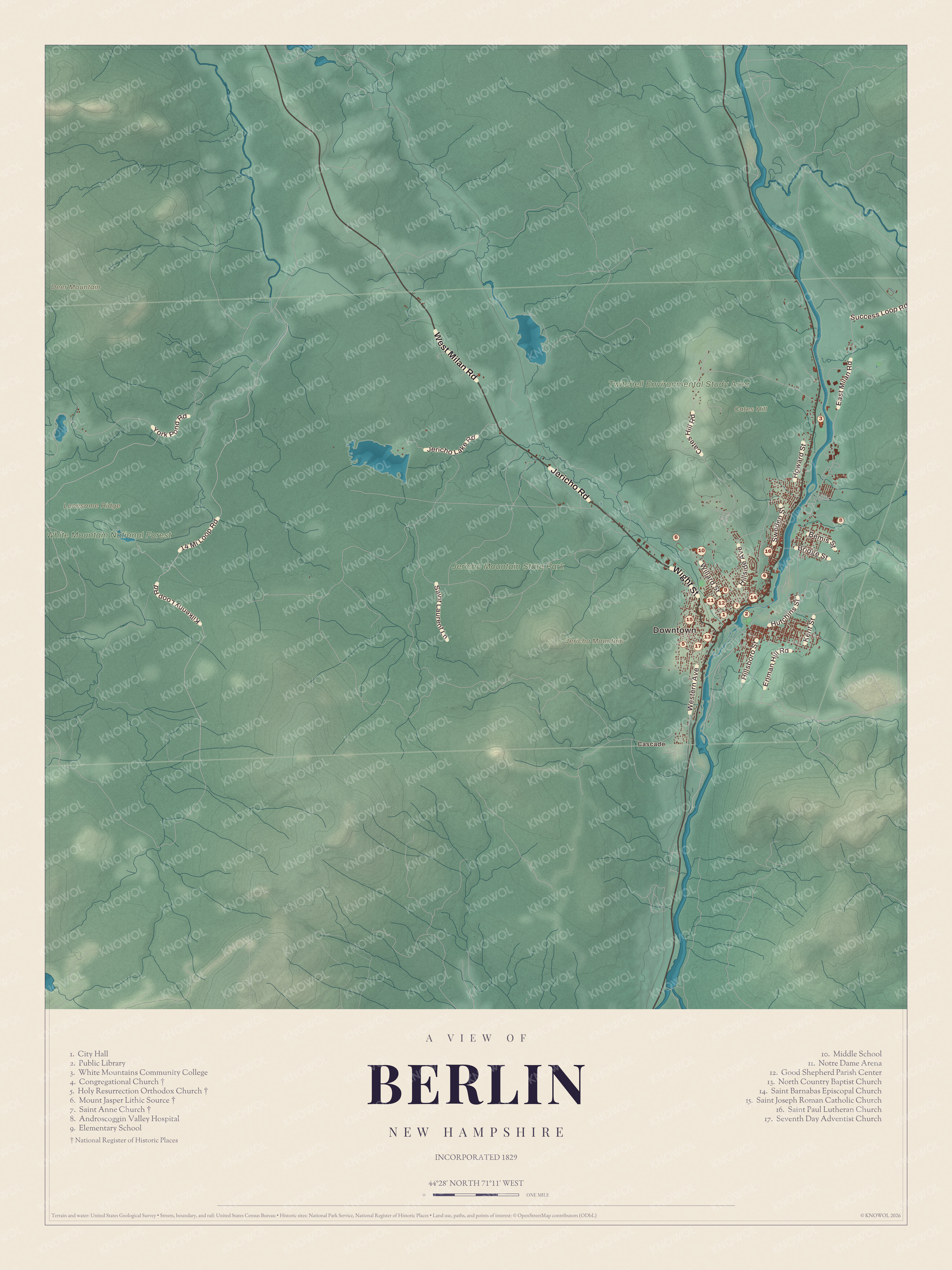 Map of Berlin, New Hampshire, along the Androscoggin River with Mount Jasper, Jericho Mountain and Cascade