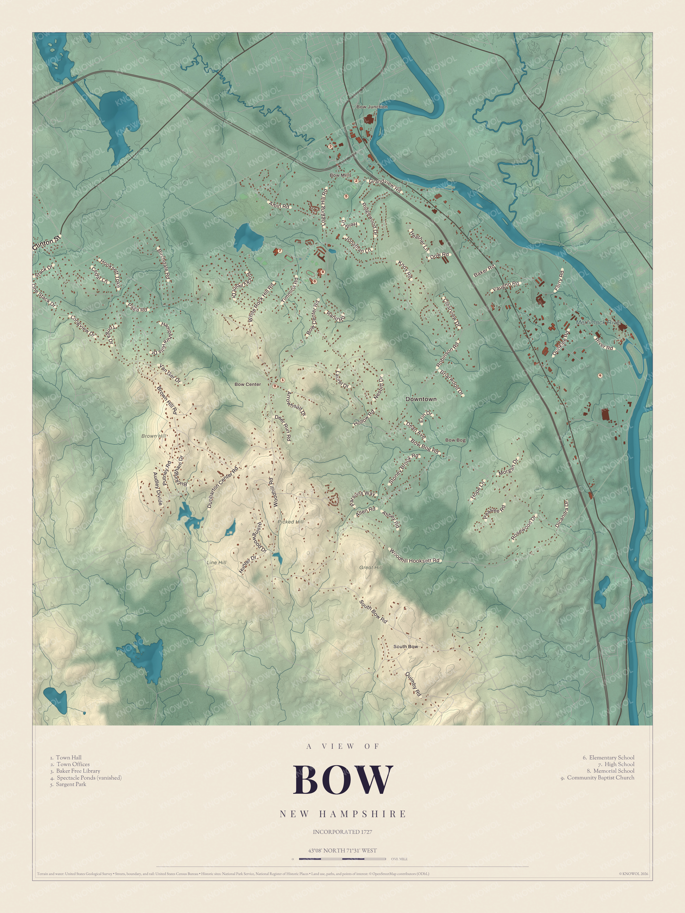 Watermarked full-map preview of Bow, New Hampshire