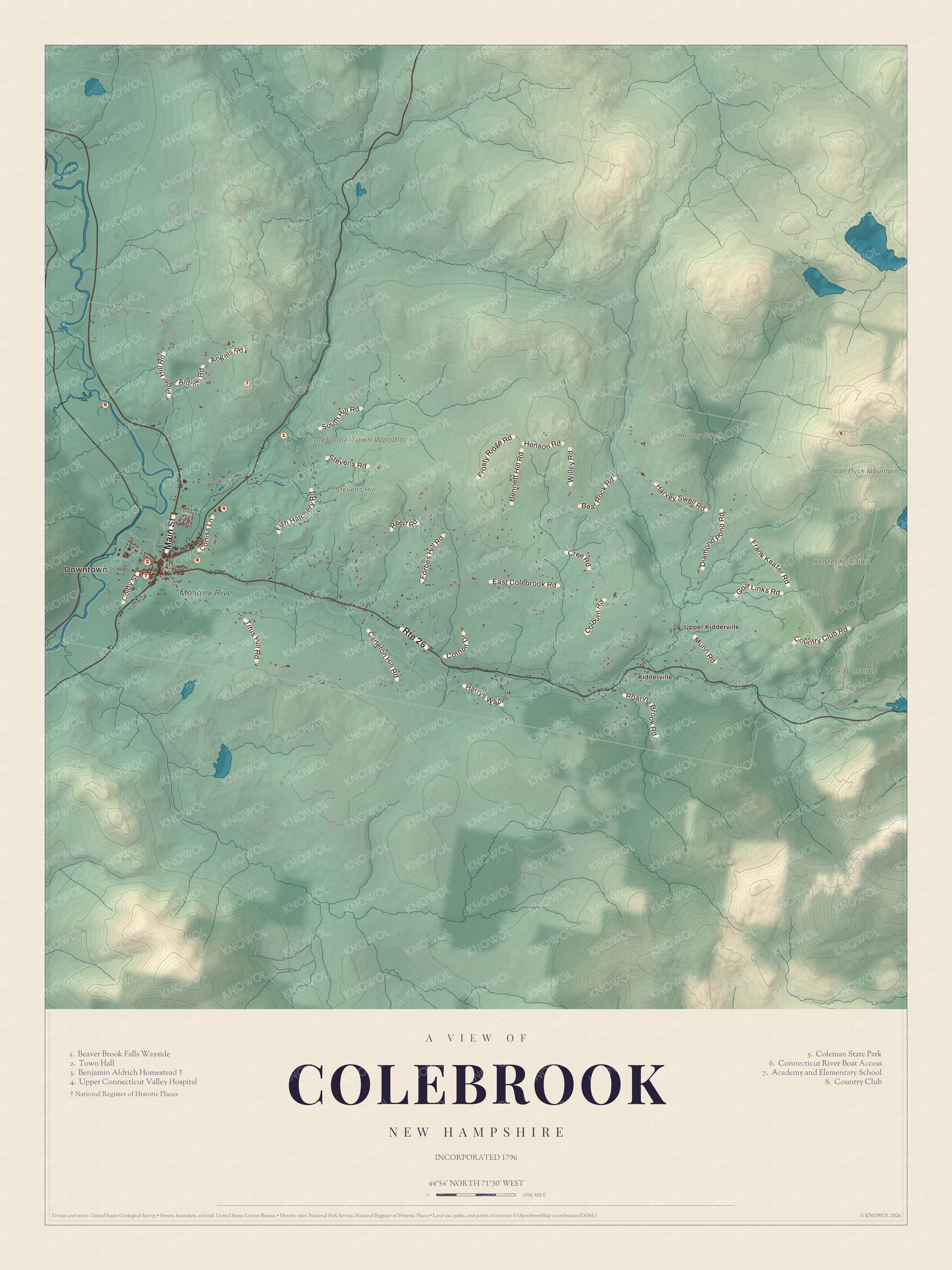 Watermarked full-map preview of Colebrook, New Hampshire