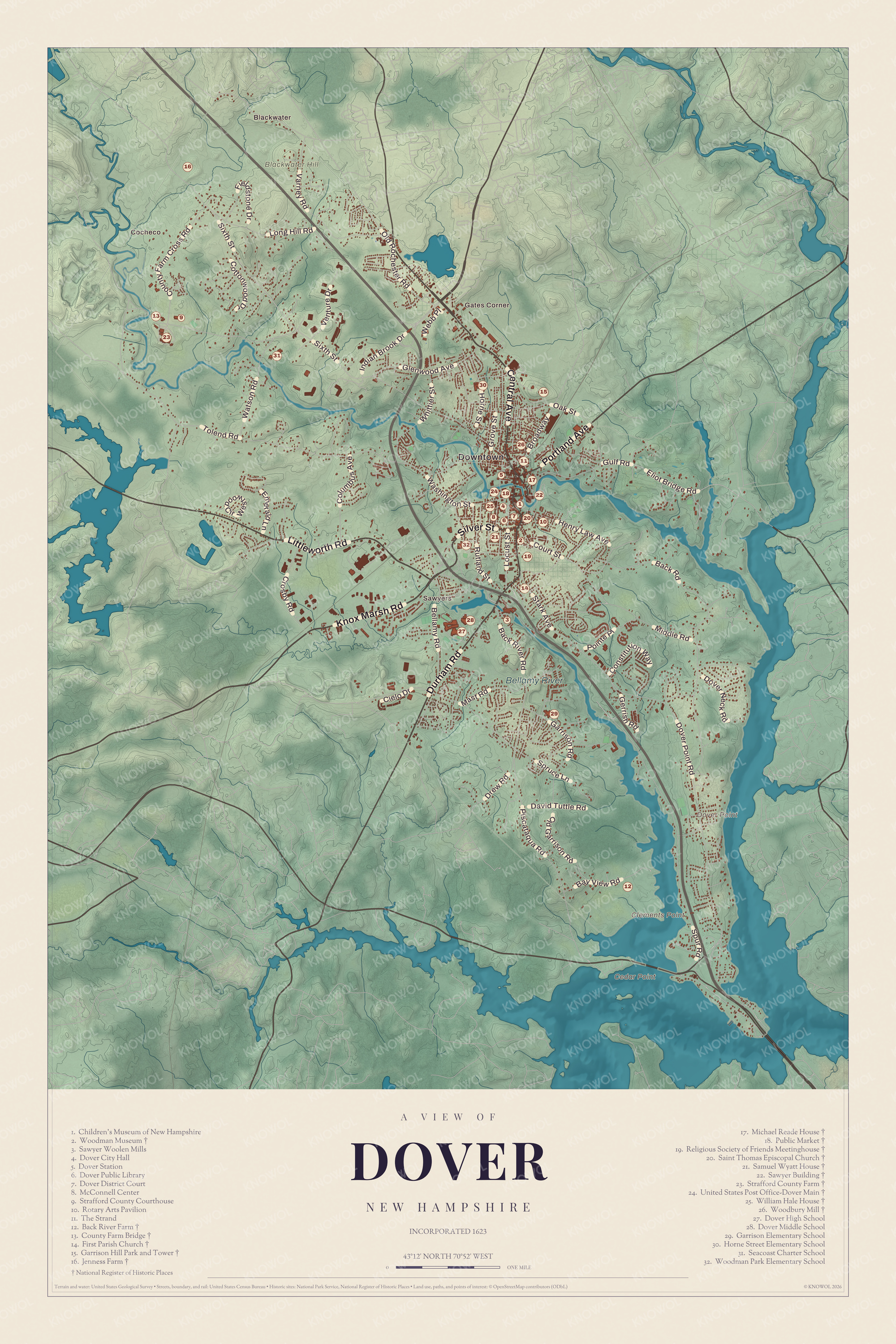 Map of Dover, New Hampshire, with Garrison Hill, the Cochecho River mills and the city center